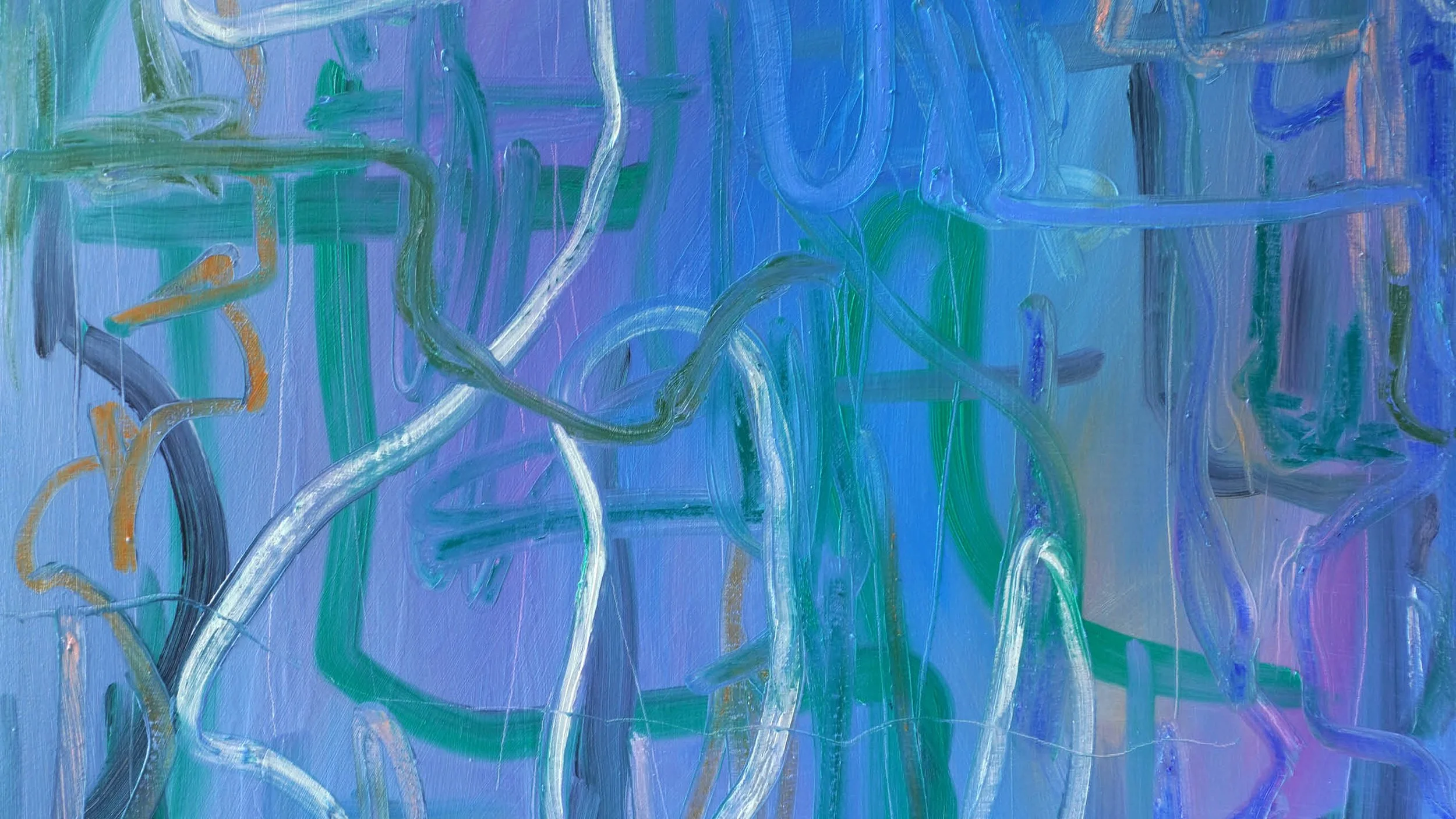 Abstract painting with blue, green, purple, white, and gold brushstrokes and swirling lines.