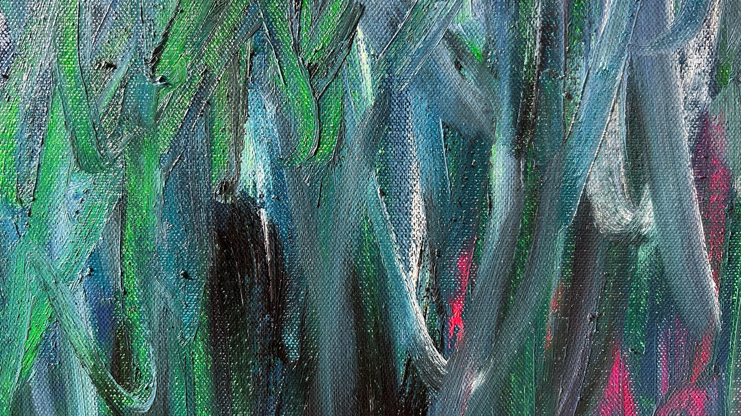 Close up of large-scale oil paint and oil stick abstract painting. Features bold, sweeping directional gestures dominated by dark blue, white and green colours in oil paint with pops of orange and magenta coloured oil sticks and graphite lines.