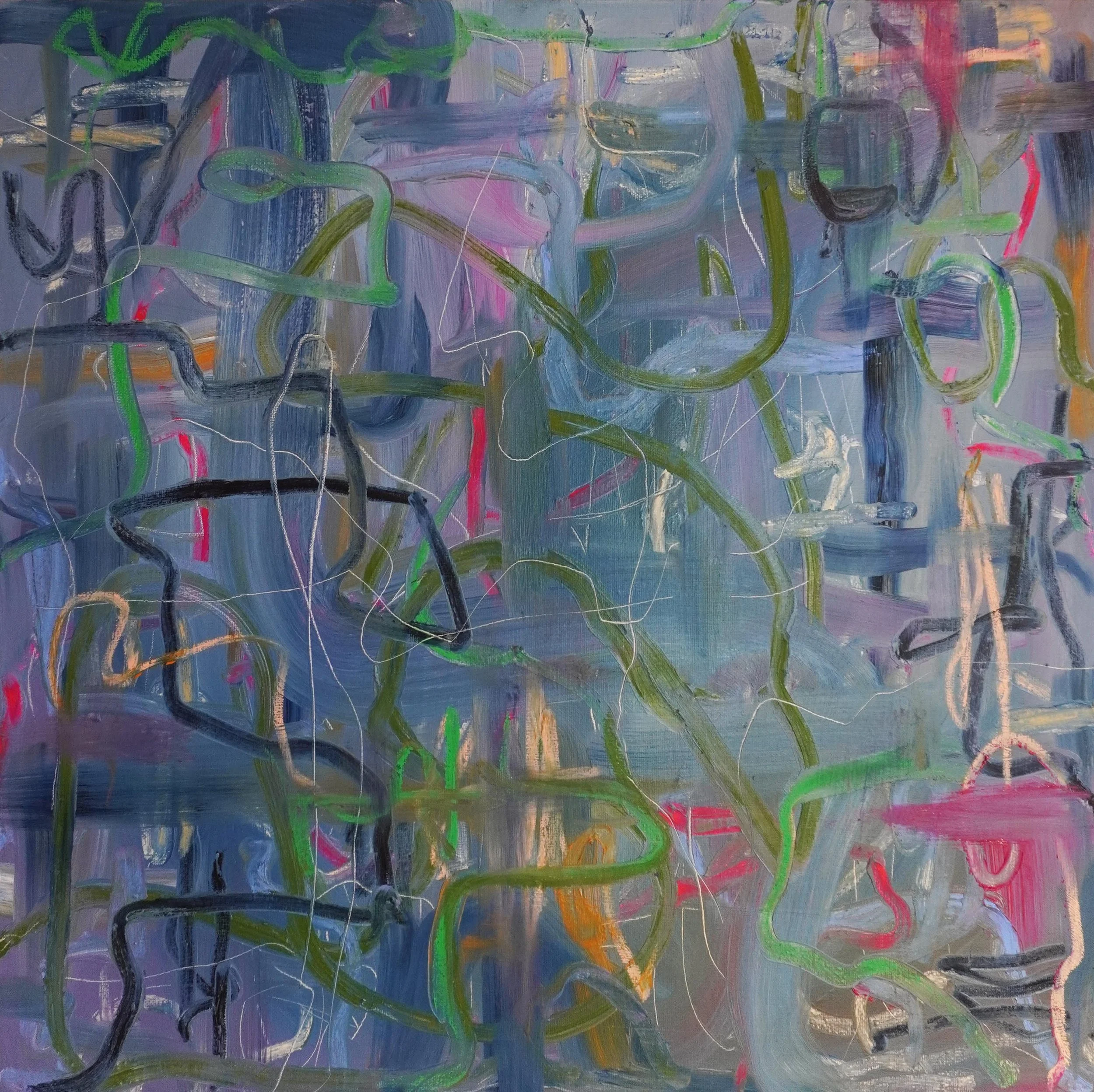 Unburdened Current by Gedi Campbell, 60x60cm, abstract painting in oil paint and oil stick on canvas from the Unbound series. Features scraped palette knife marks and fluid gestures.