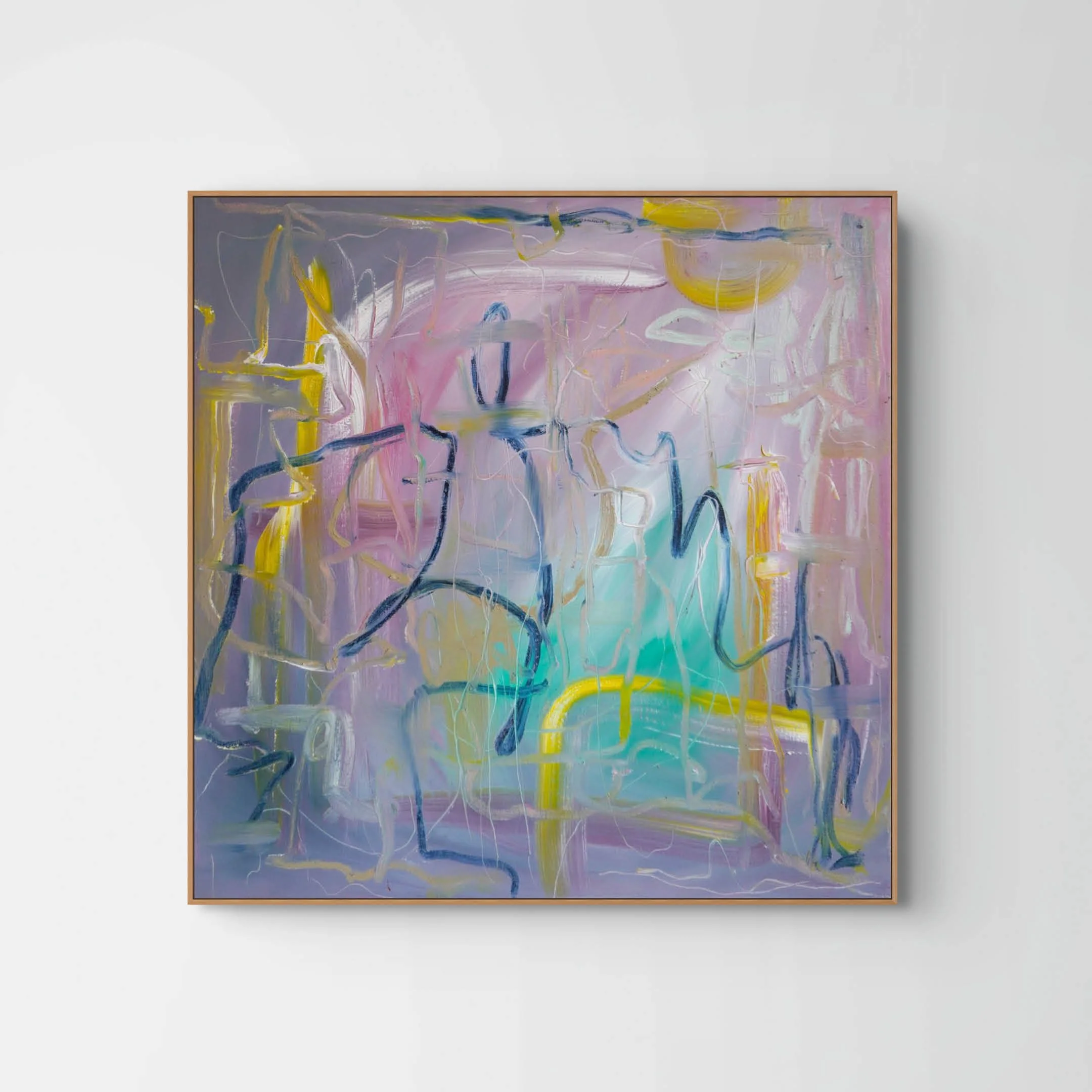 Abstract painting with pastel colors, brush strokes, and layered textures framed in a thin wooden border, displayed against a white wall.