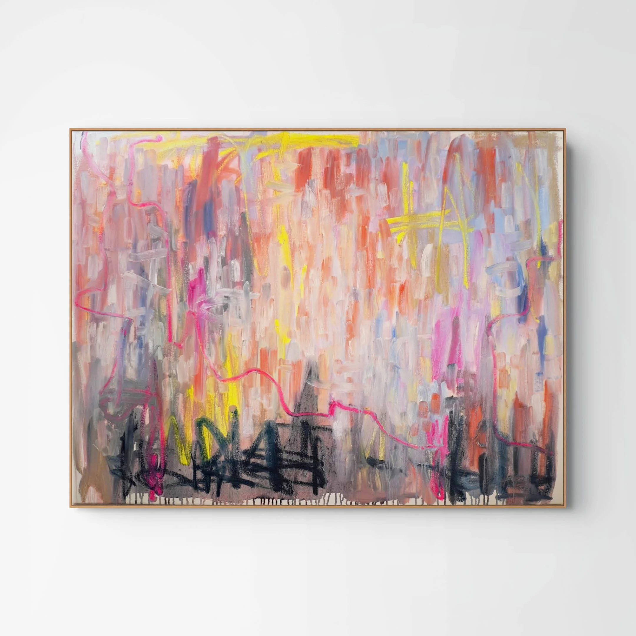 Large-scale oil paint and oil stick abstract painting. Features bold, sweeping directional gestures dominated by pale orange, pink, greys, blues in oil paint with pops fluorescent yellow and pink coloured oil sticks.