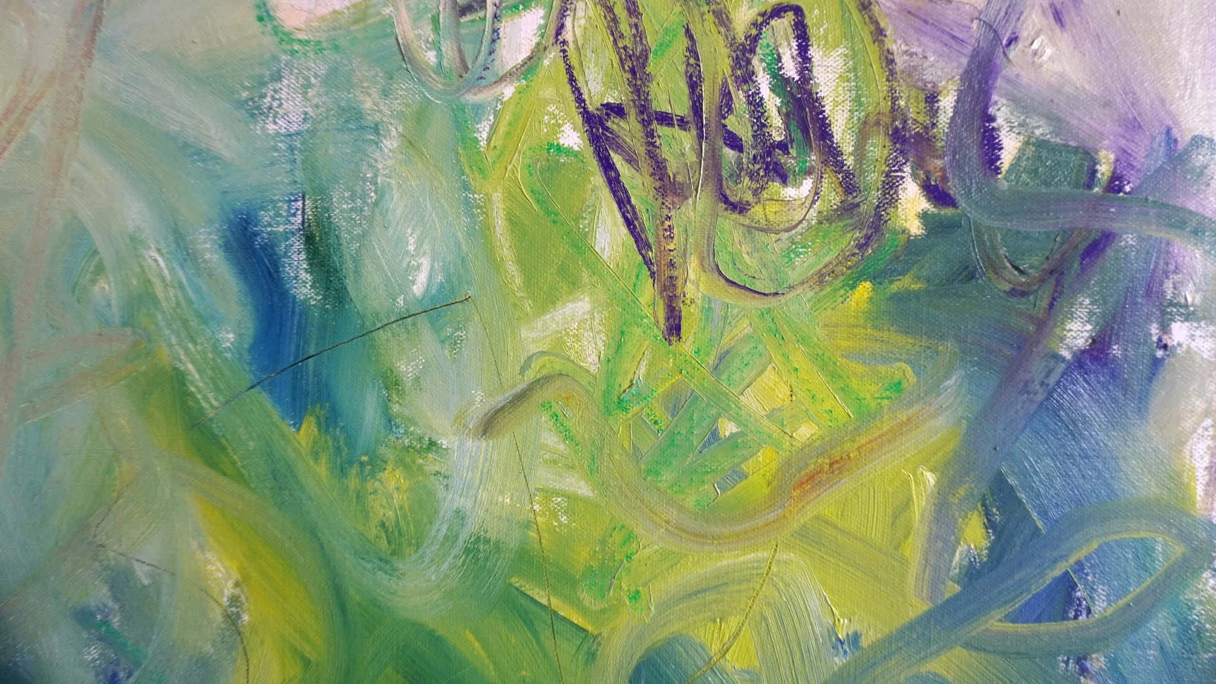 Features bold, sweeping directional gestures dominated by greens in oil paint with pops of purple in coloured oil sticks and graphite lines.