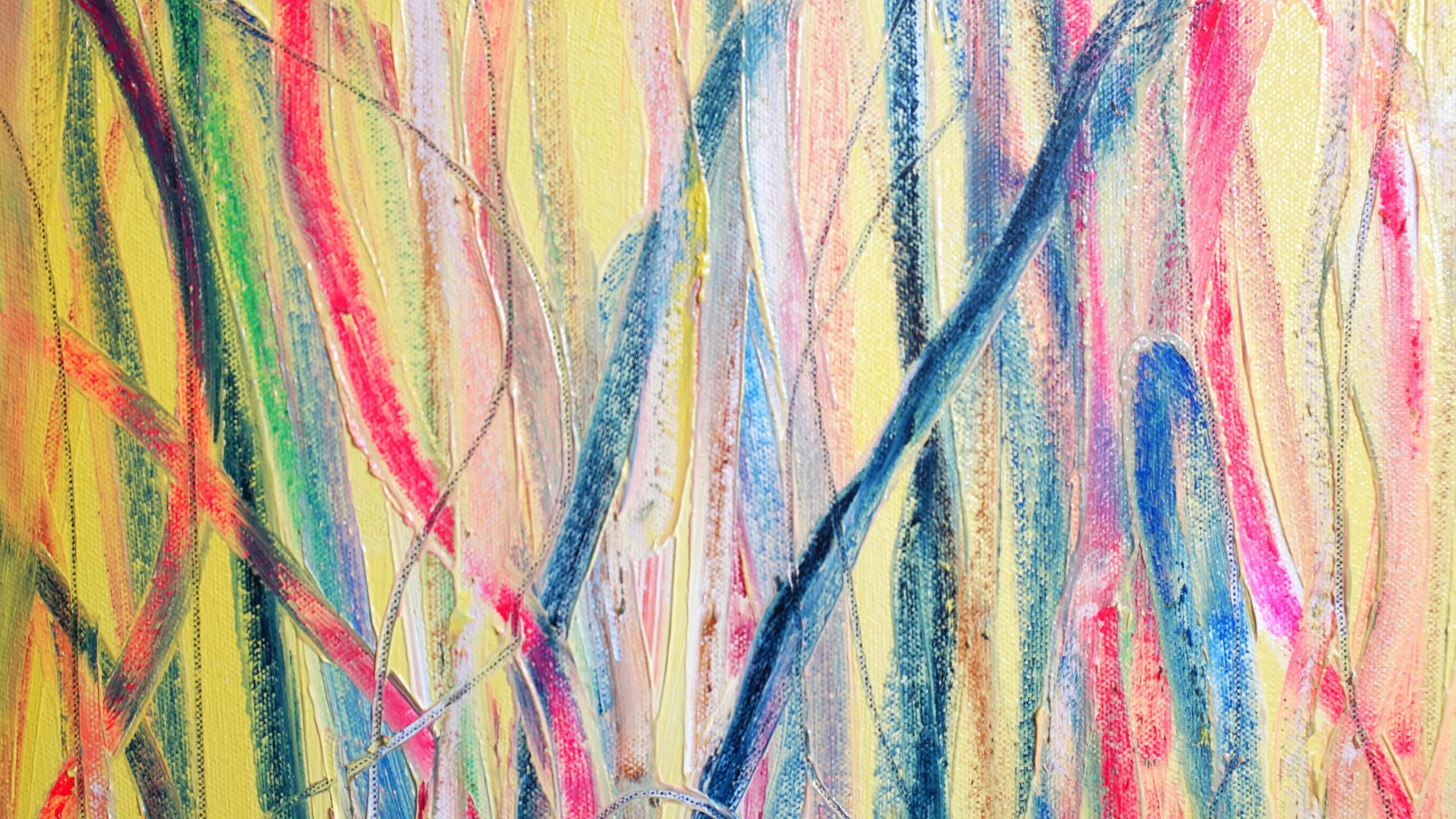 Abstract colorful painting with broad streaks and lines of yellow, pink, blue, red, green, and black.
