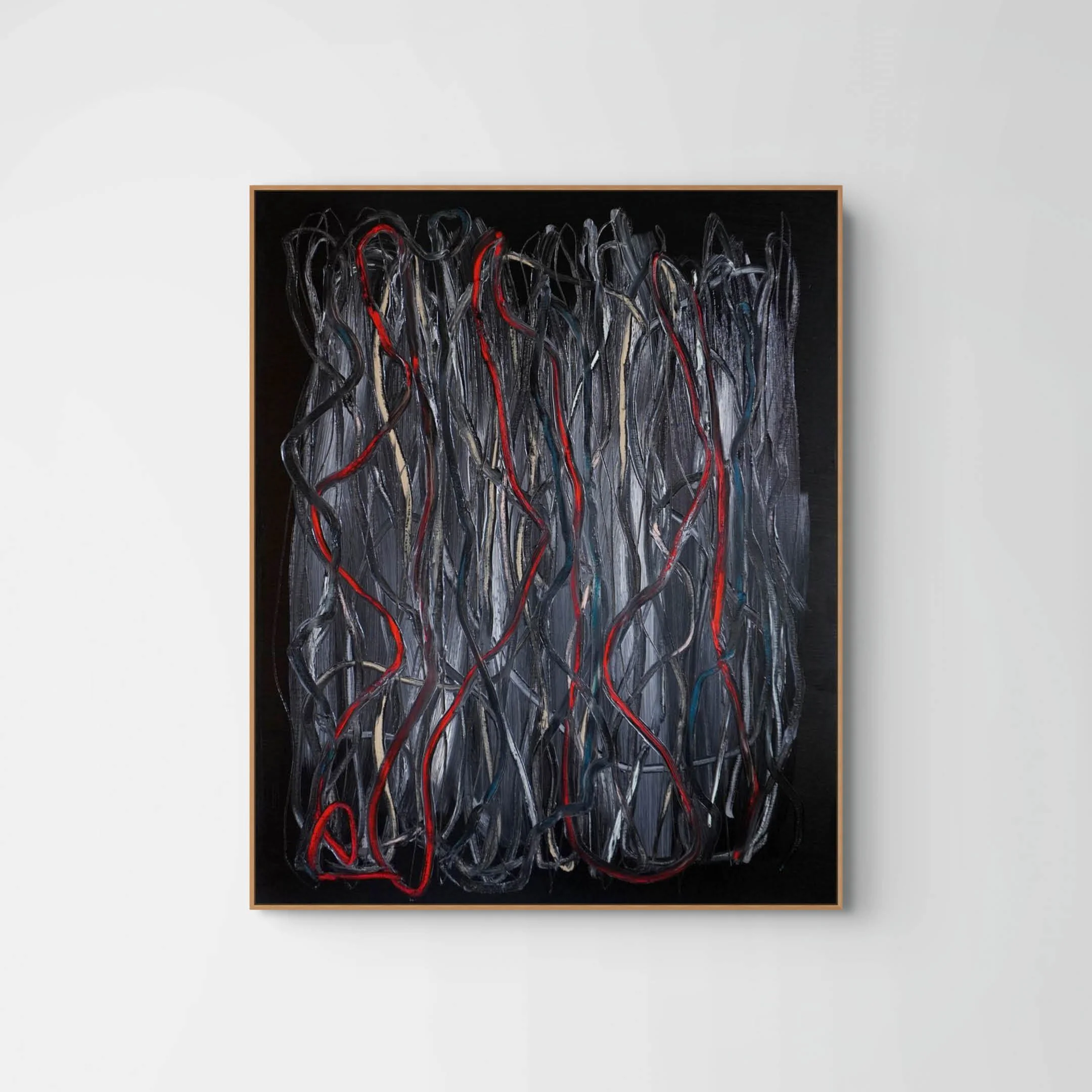 Abstract painting features bold, sweeping directional gestures dominated by a black background in oil paint with red and grey coloured oil sticks flowing lines on top and graphite lines.