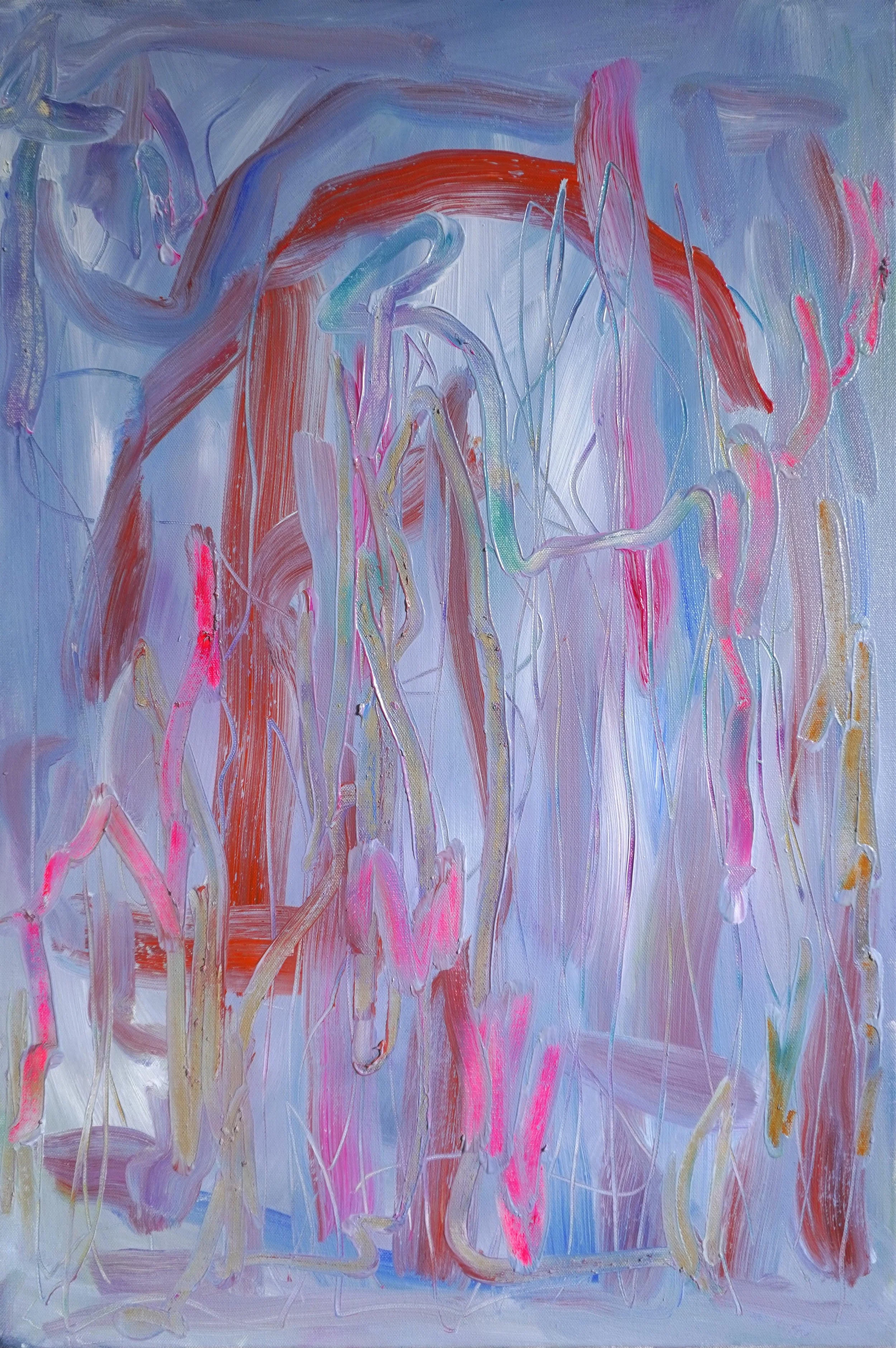 Silent Resonance II by Gedi Campbell, 74x50cm, abstract painting in oil paint and oil stick on canvas from the Unbound series. Features scraped palette knife marks and fluid gestures.