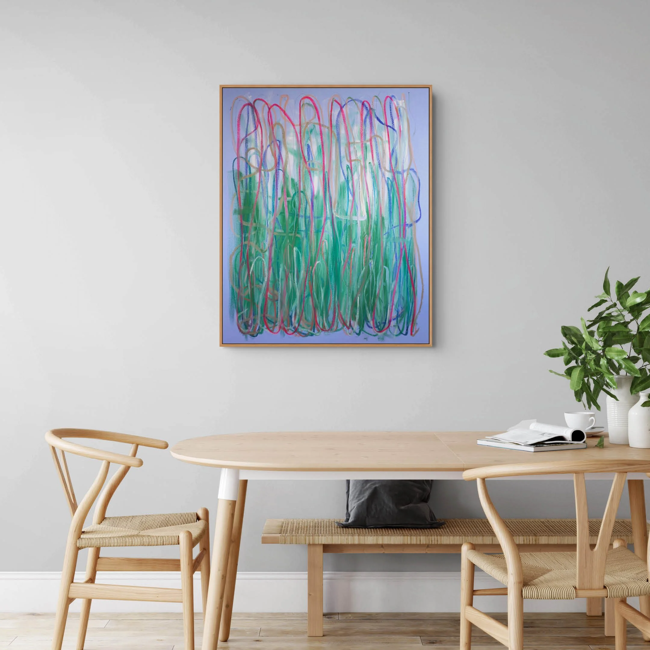 Room view of Resting in the Wake by Gedi Campbell, 100×80cm, large-scale oil paint and oil stick abstract painting.