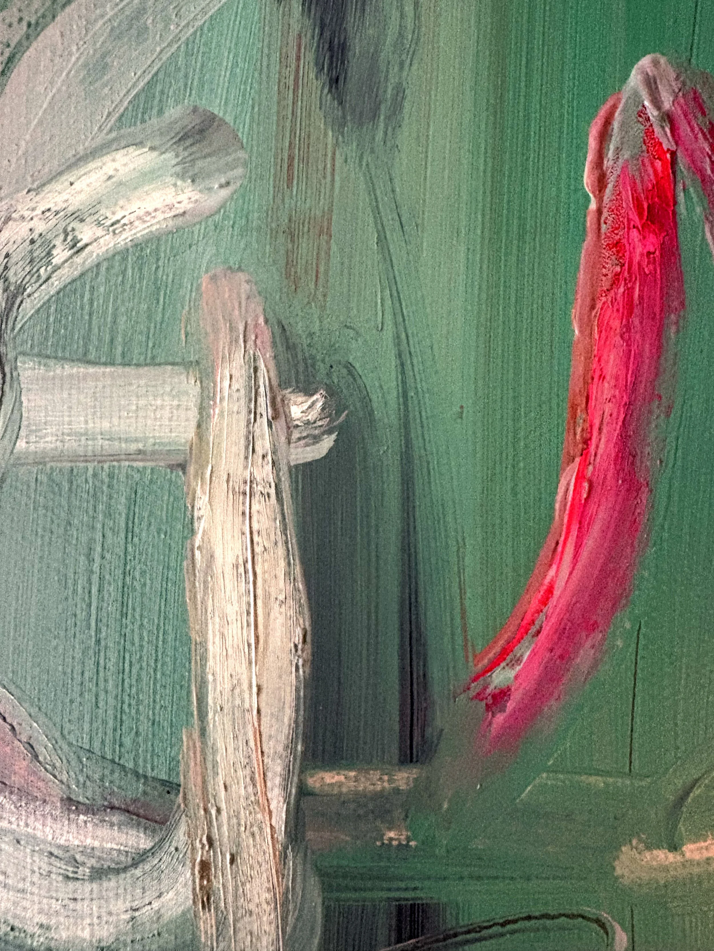 Close up of  The Untaken Path by Gedi Campbell, 90x70cm, abstract painting in oil paint and oil stick on canvas from the Unbound series. Features scraped palette knife marks and fluid gestures.
