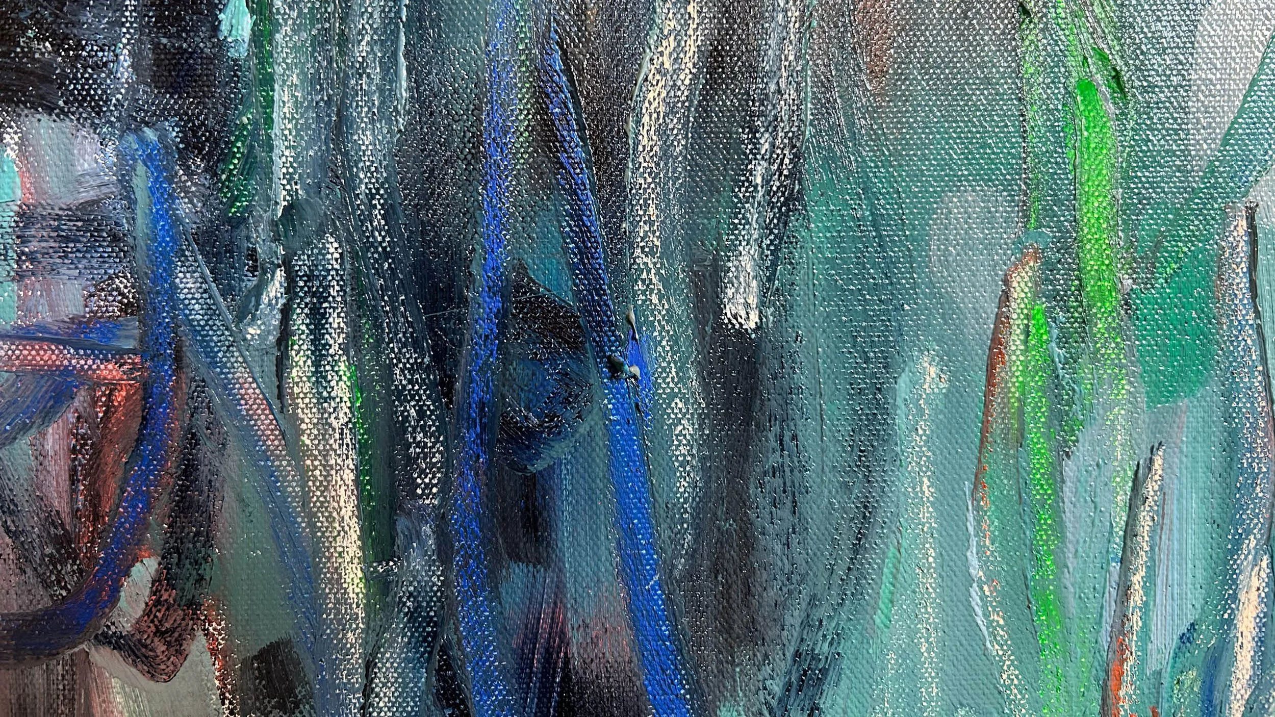 Close up of large-scale oil paint and oil stick abstract painting. Features bold, sweeping directional gestures dominated by black, blues and teal in oil paint with pops fluorescent orange and blue coloured oil sticks.