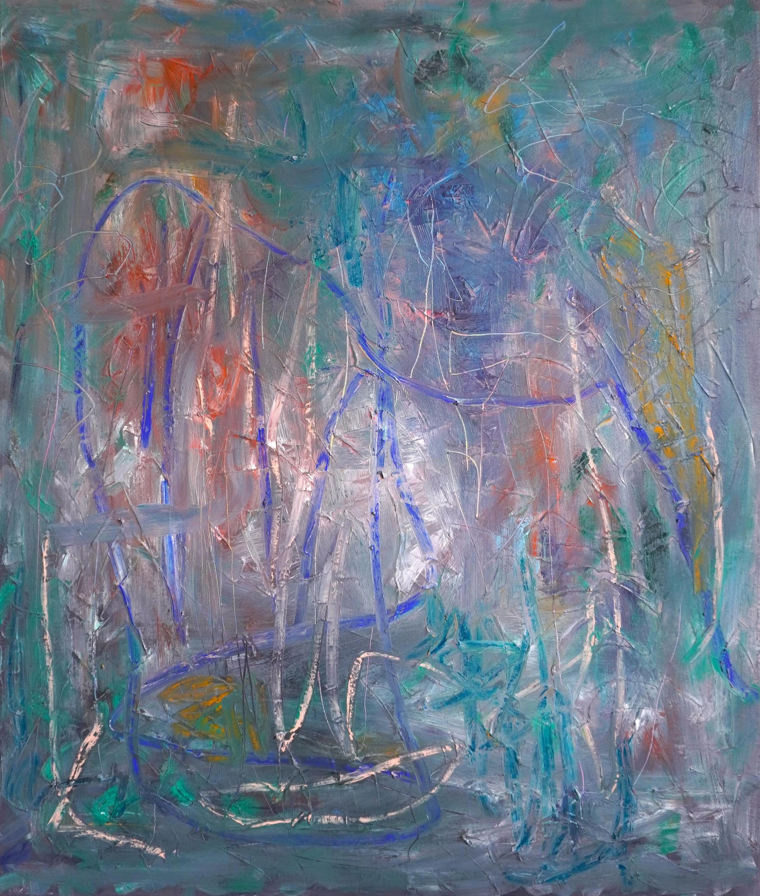 Intrepidity by Gedi Campbell, 90x75cm, abstract painting in oil paint over acrylic medium base on canvas from the Liminal Echoes series. Features layered texture, blended tones and subtle oil stick lines.