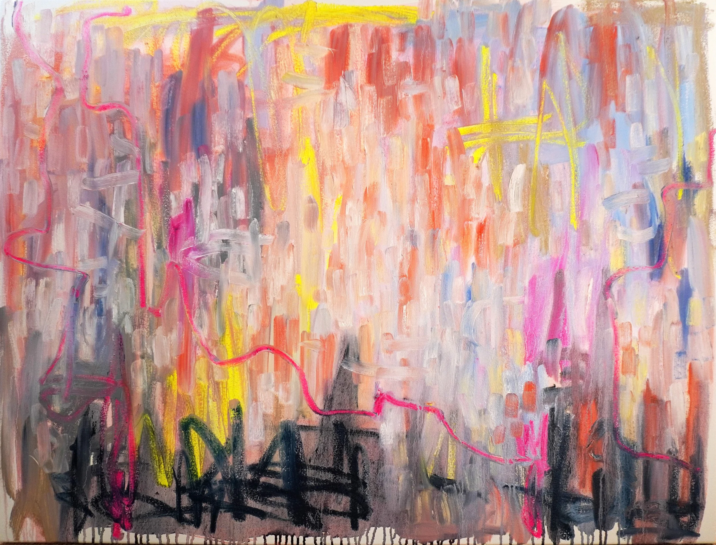 Large-scale oil paint and oil stick abstract painting. Features bold, sweeping directional gestures dominated by pale orange, pink, greys, blues in oil paint with pops fluorescent yellow and pink coloured oil sticks.