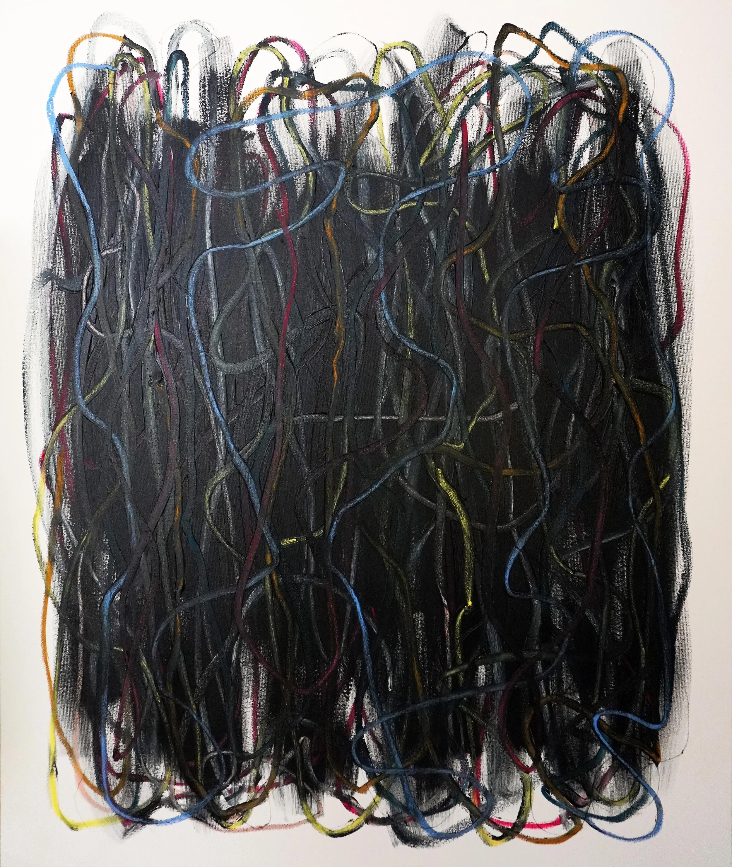 Shadows Without Weight by Gedi Campbell, 120×100cm, large-scale oil paint and oil stick abstract painting on white gesso canvas from the Portals series. Features bold, sweeping directional gestures.