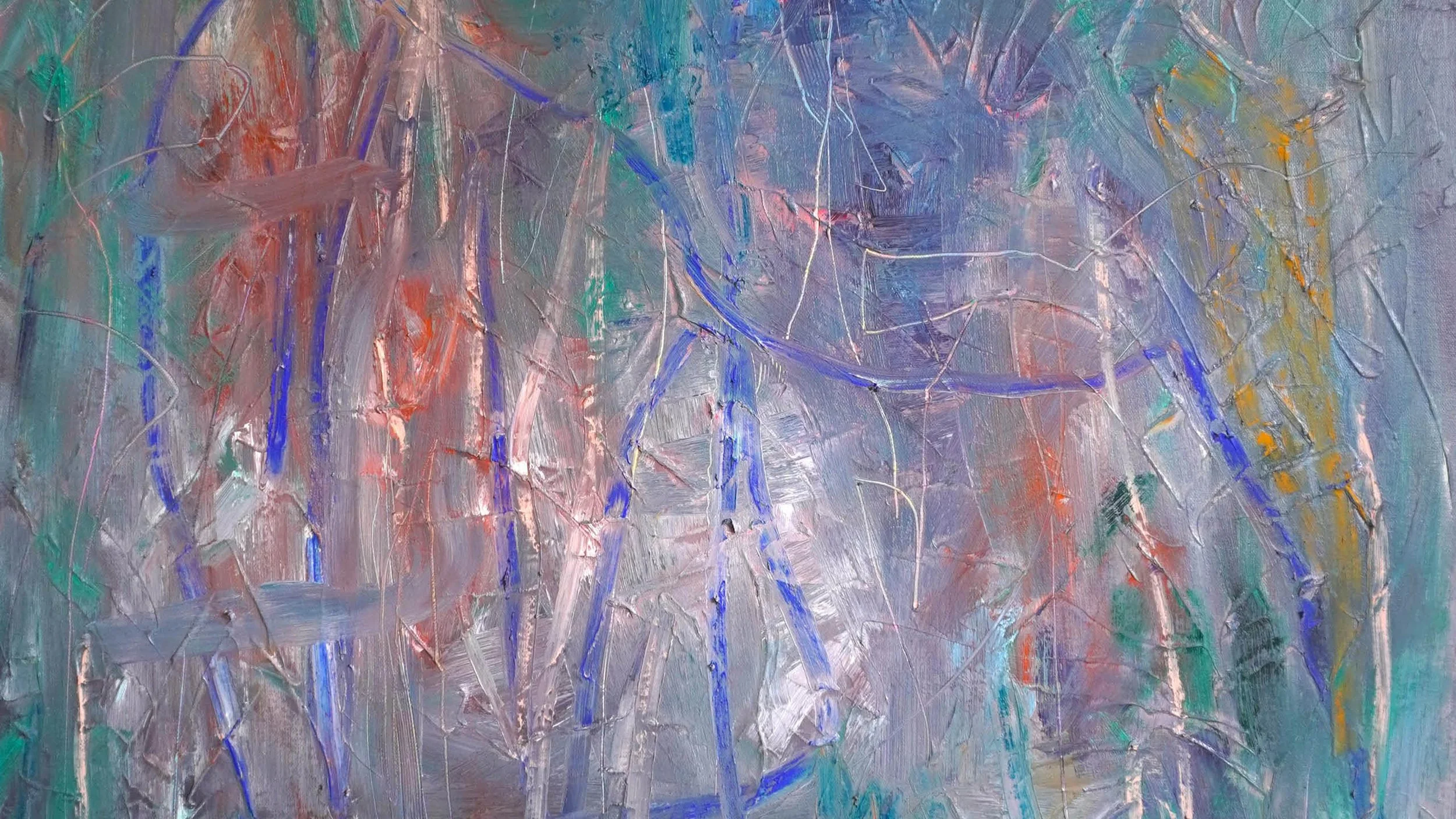 Abstract painting with multicolored textured brushstrokes, predominantly purple, blue, green, yellow, orange, and pink.