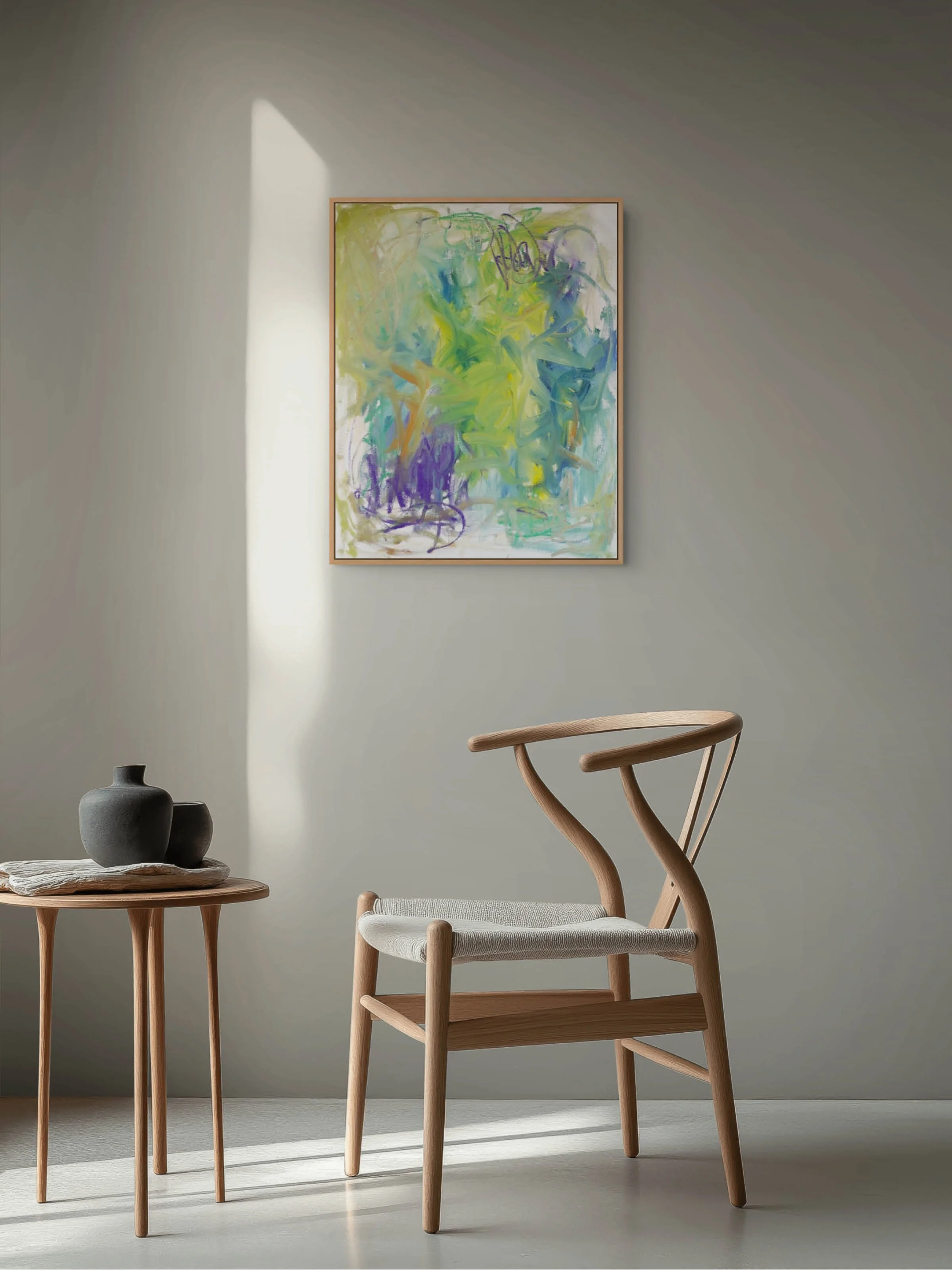 Features bold, sweeping directional gestures dominated by greens in oil paint with pops of purple in coloured oil sticks and graphite lines.