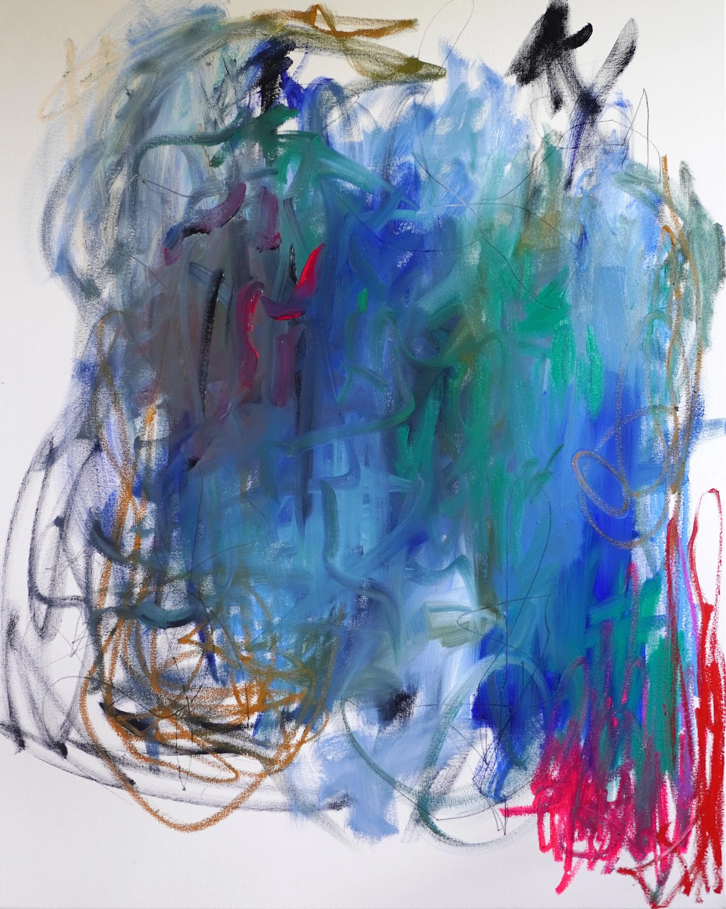 Bold abstract painting in oil paints and oil sticks showing, sweeping directional gestures dominated by red and blue colours in oil paint with pops of red and ochre coloured oil sticks and graphite lines with white negative space.