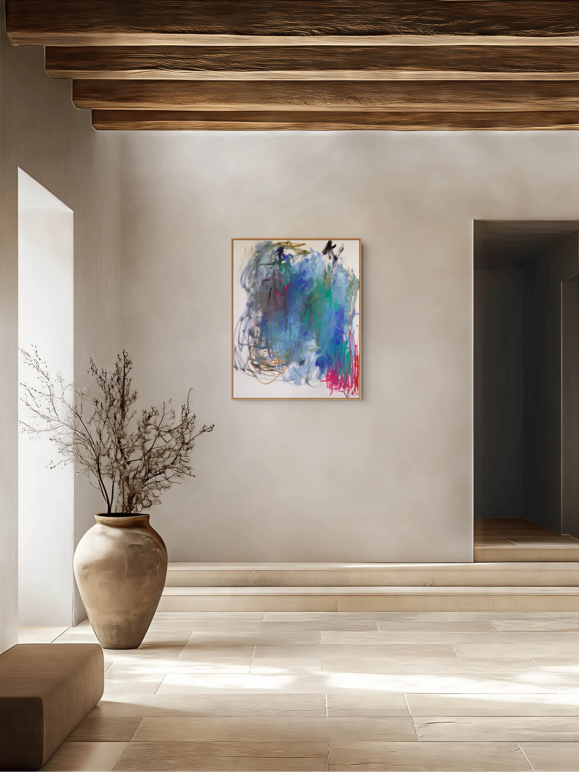 Room view of large scale abstract painting features bold, sweeping directional gestures dominated by green and blue colours in oil paint with pops of red and magenta coloured oil sticks and graphite lines.