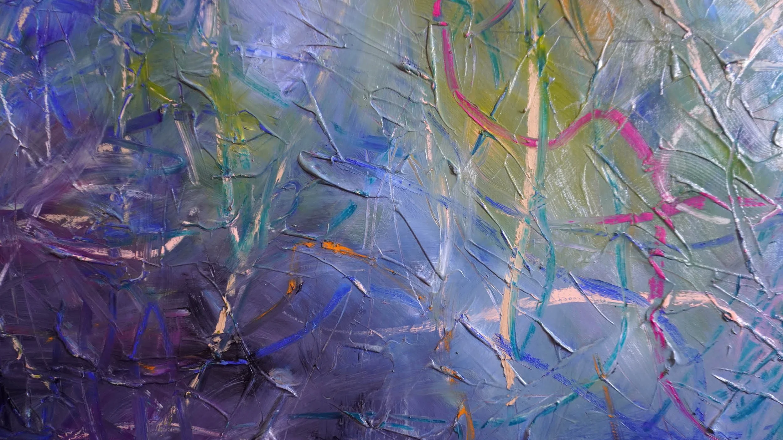 Abstract textured painting with sweeping brushstrokes in shades of blue, purple, green, pink, and hints of orange.
