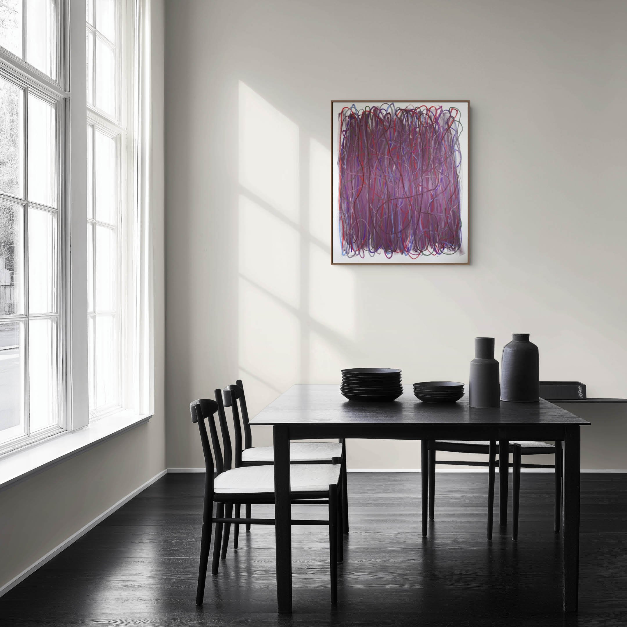 Echoes in the Fibre by Gedi Campbell, 120×100cm, oil paint and oil stick abstract painting in room setting.