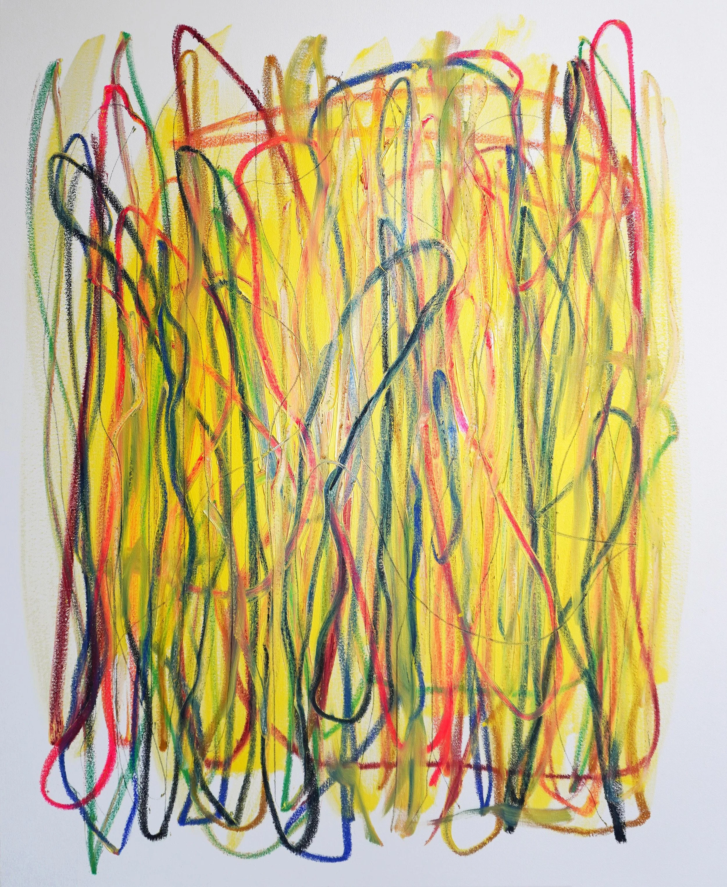 Parallel to Forever by Gedi Campbell, 100×80cm, large-scale oil paint and oil stick abstract painting on white gesso canvas from the Portals series. Features bold, sweeping directional gestures