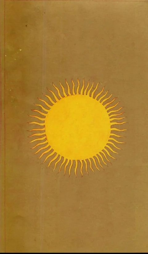 Soleil stylisé avec un cercle jaune entouré de rayons ondulés orange.