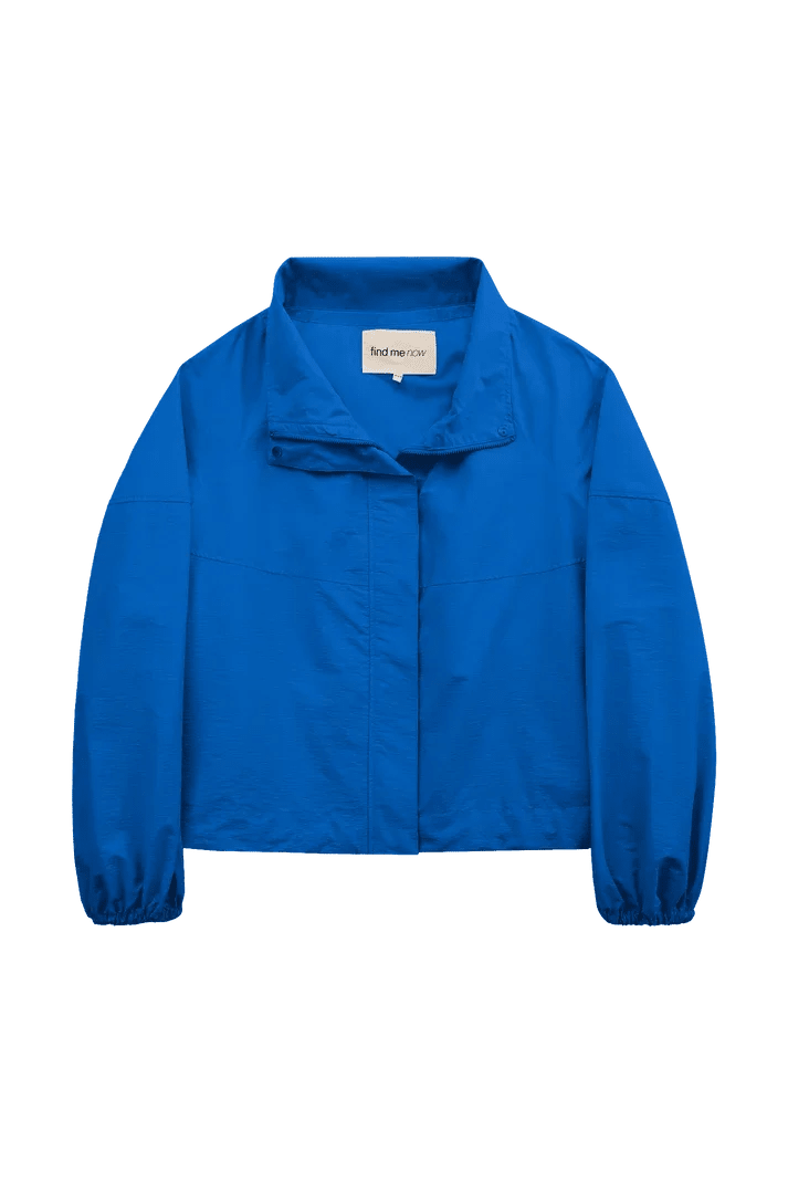 A blue windbreaker jacket with a zipper front and elastic cuffs, displayed against a black background.