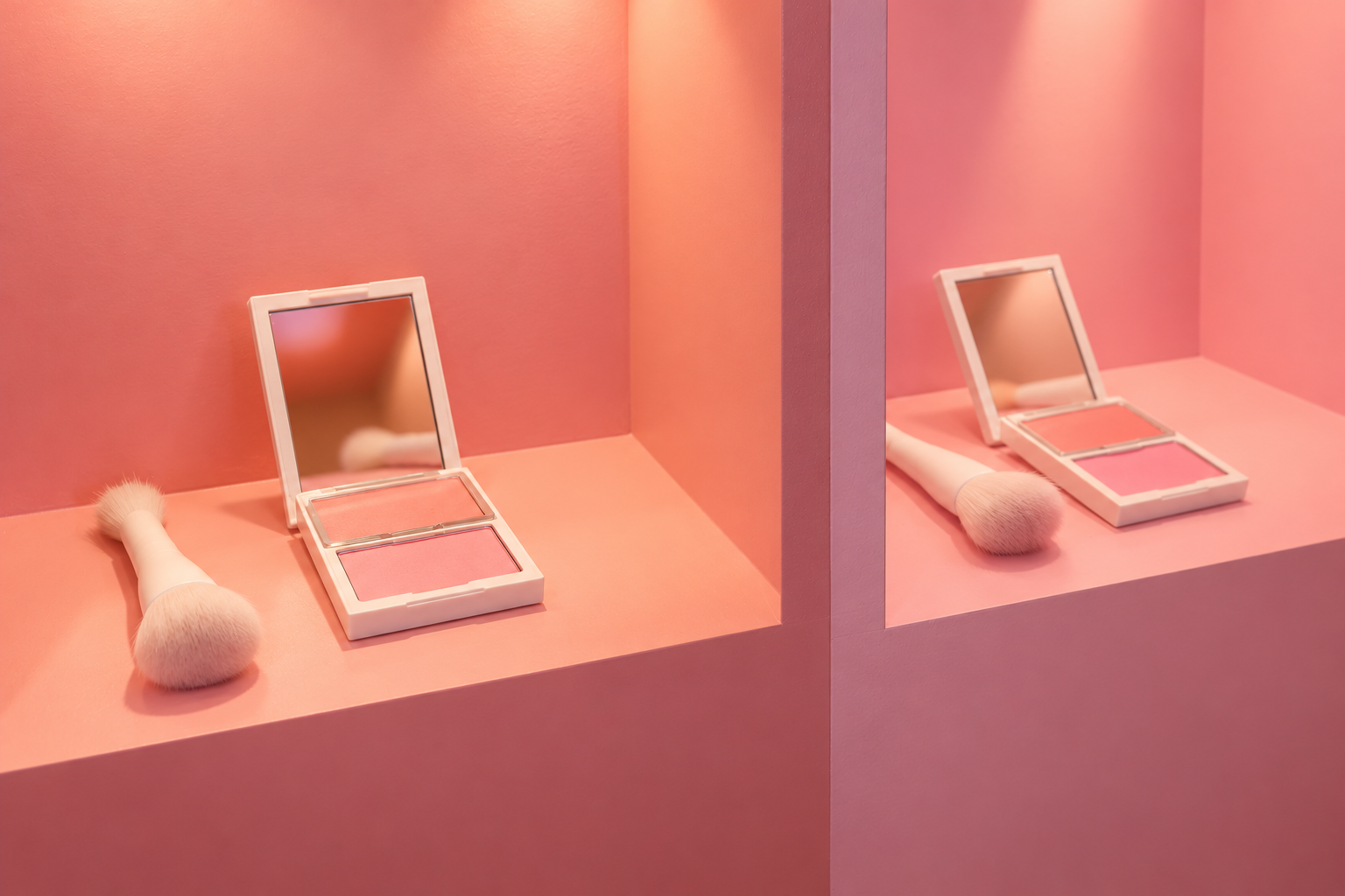 A pink makeup display area with a compact mirror, blush, and makeup brush.