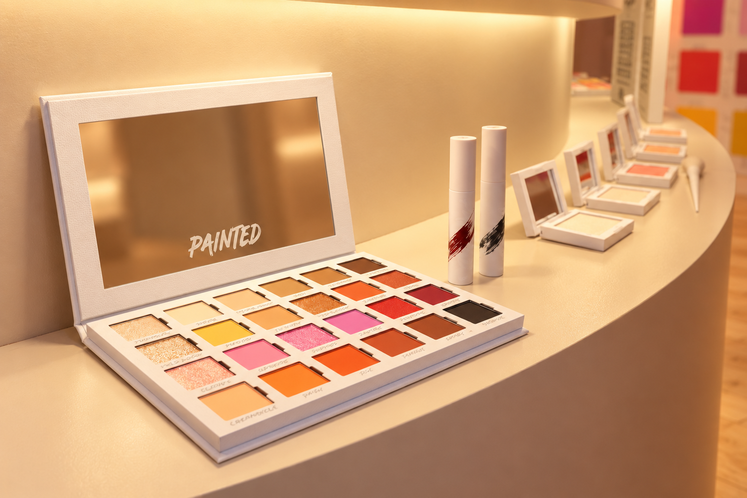 A white palette of colorful eyeshadows labeled with shades, two white cylindrical spray bottles, and several white compact cases with mirrors on a pale yellow countertop in a store.