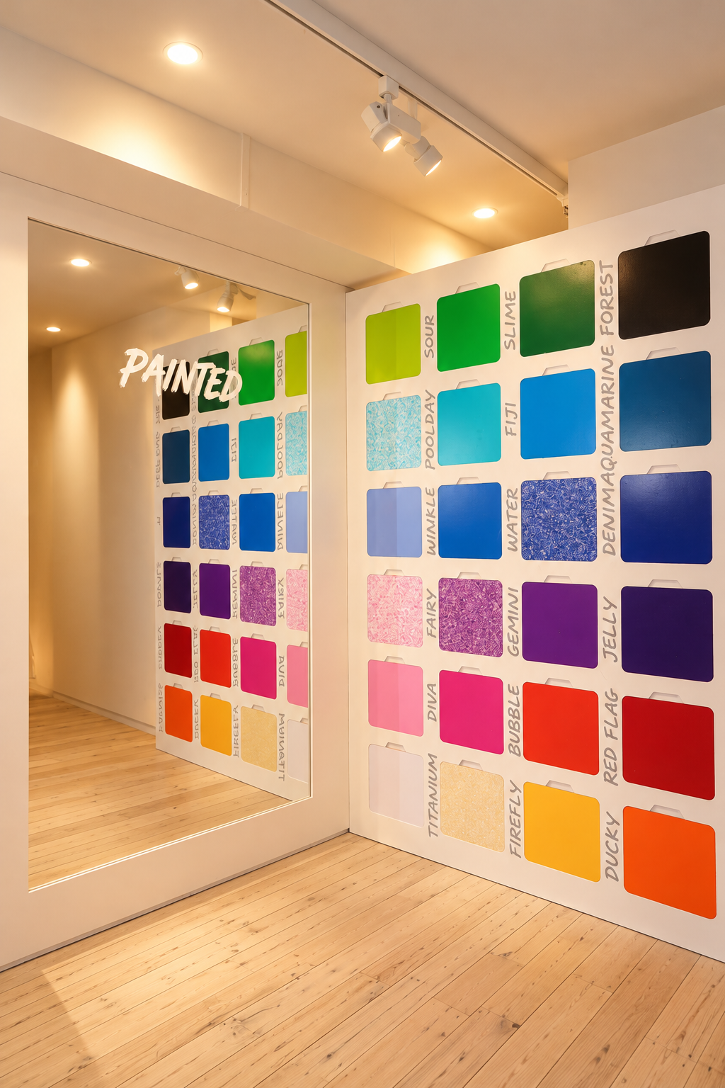 A wall with paint color samples arranged in a grid, titled 'Painted'. The samples are labeled with fun, whimsical names such as 'Soup', 'Slime', 'Poolday', and 'Fairy' among others.