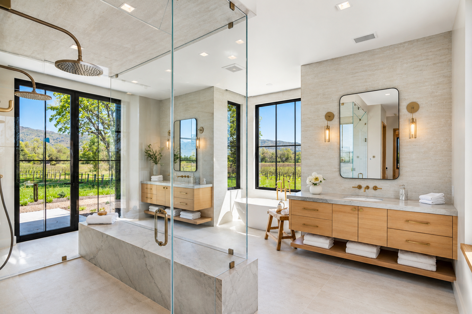 Bathroom at Trubody Ranch in Napa Valley featuring a glass shower, soaking tub, wood vanity with marble top, and expansive views to the vineyards and surrounding hills.