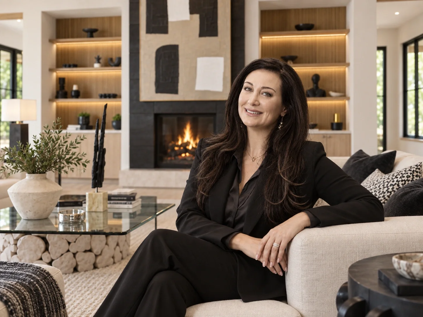 Stephanie Massei, President of Massei Construction, seated in a contemporary residential interior with a fireplace and built-in shelving.