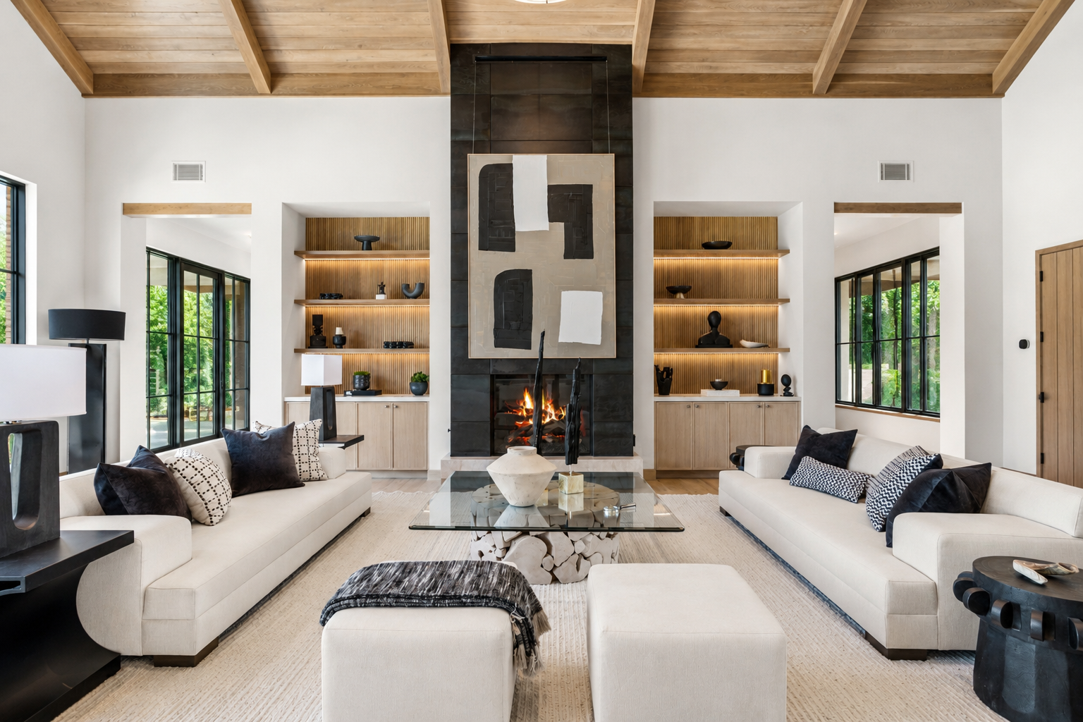 Trubody Ranch in Napa Valley featuring white sofas, a black-tiled fireplace, built-in shelving, abstract artwork, and a warm wood ceiling in a contemporary residential setting.