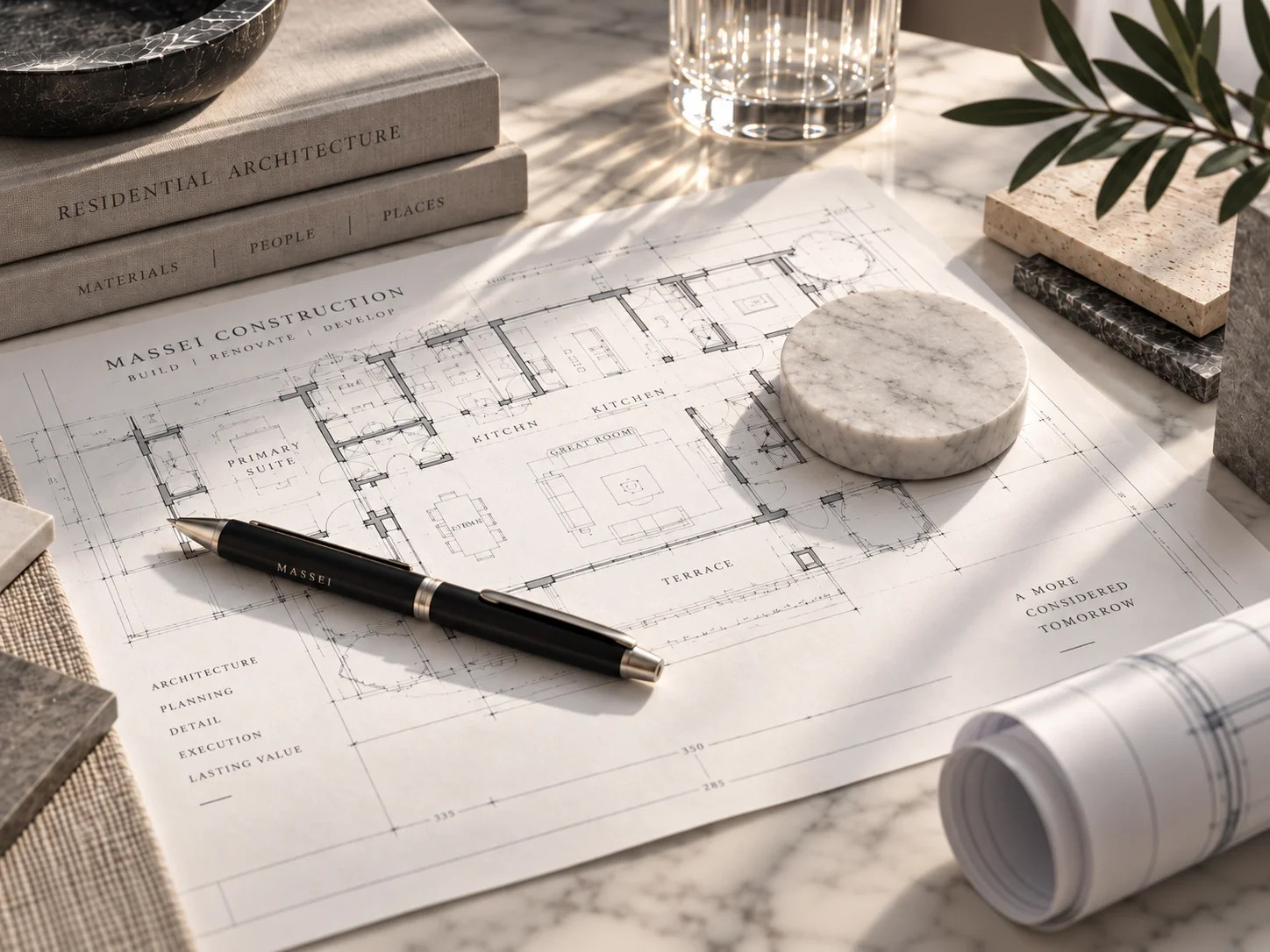 Architectural blueprints and preconstruction materials for a Massei Construction residential project, arranged on a marble work surface with plans, material samples, and a drafting pen.