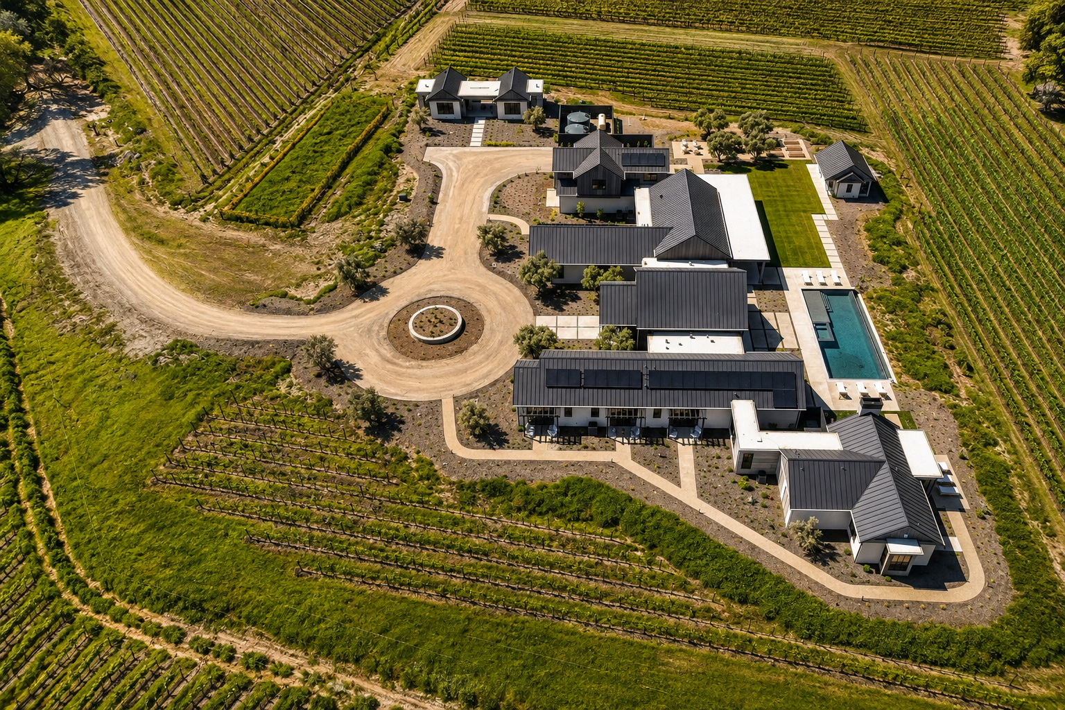 Aerial view of Trubody Ranch in Napa Valley, showing the contemporary estate, vineyard setting, pool, and landscaped grounds.