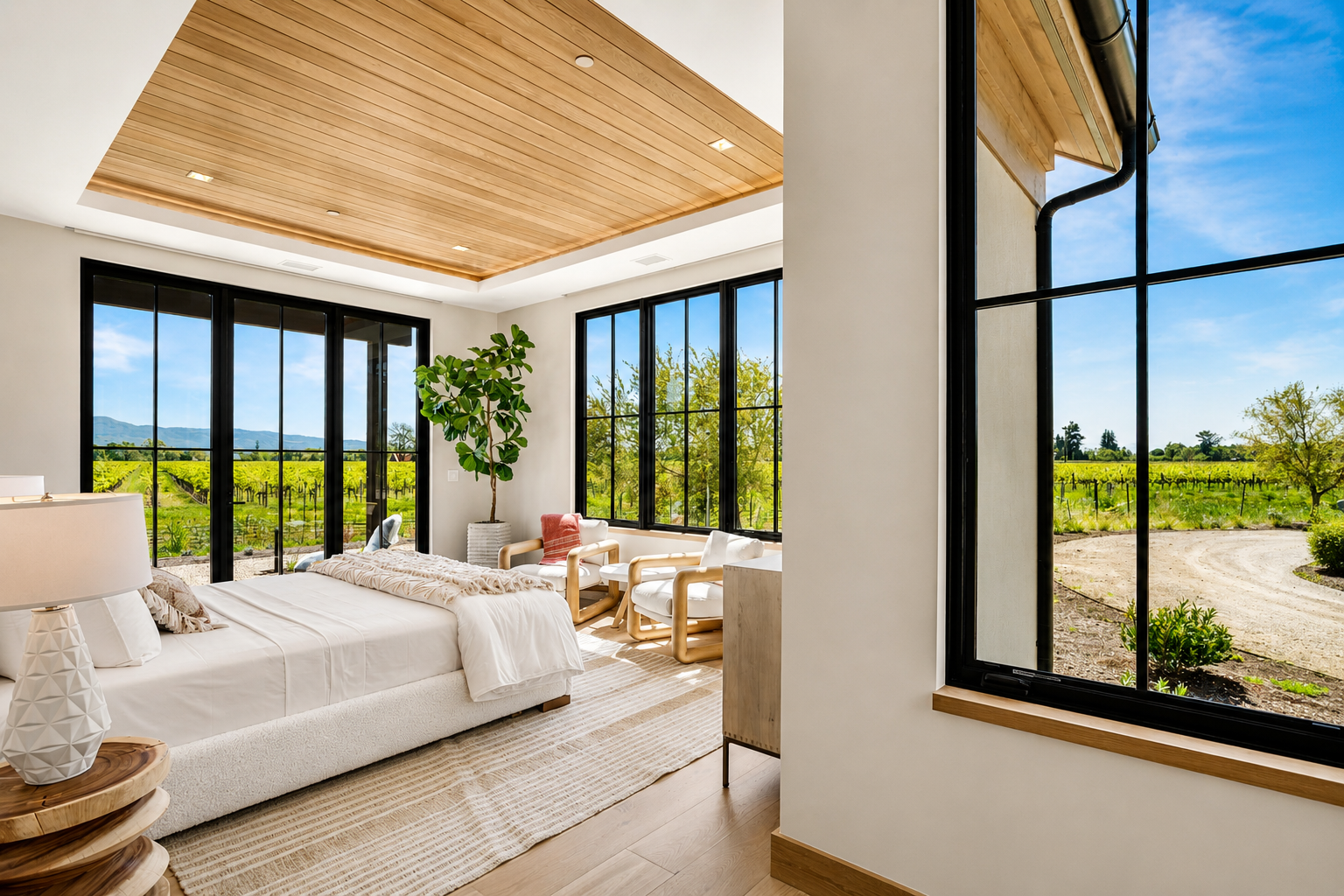 Bedroom at Trubody Ranch in Napa Valley featuring black-framed vineyard views, a warm wood ceiling, and a restrained contemporary interior palette.