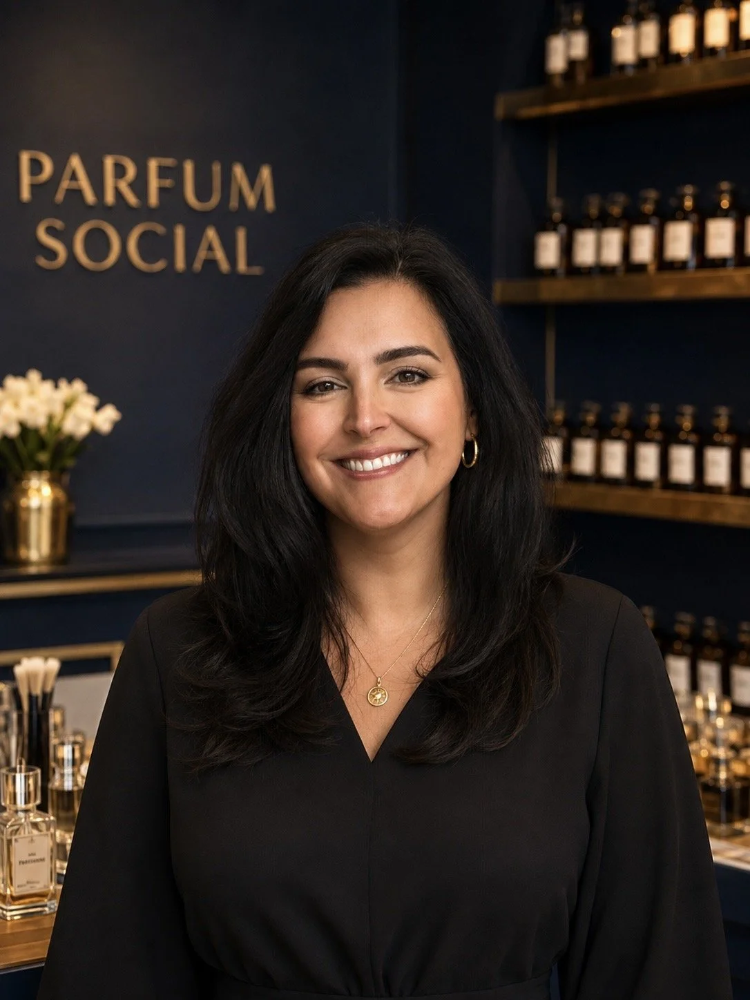 Smiling woman with black hair, wearing a black top and gold jewelry, standing in a store with bottles on shelves and a sign that reads "PARFUM SOCIAL" in the background.