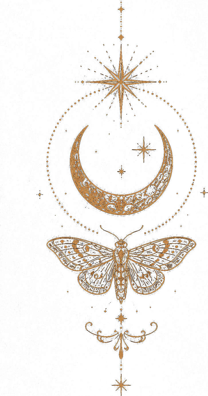 Decorative illustration featuring a gold constellation of celestial symbols on a black background, including a star, crescent moon, and a moth with detailed wings.