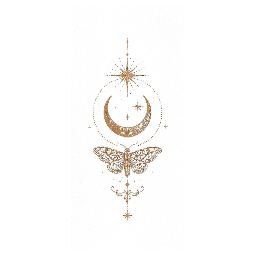 Elegant gold celestial design featuring a star, crescent moon, smaller stars, and a butterfly on a black background.