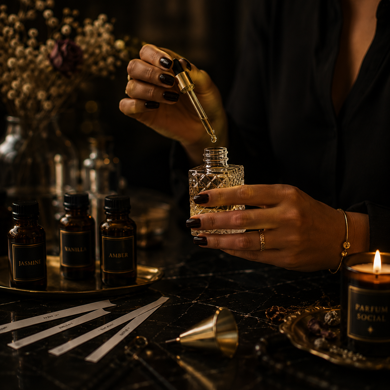 A person adding essential oil from a dropper into a glass bottle, with labeled bottles and aromatic supplies on a dark marble surface, surrounded by warm candlelight.