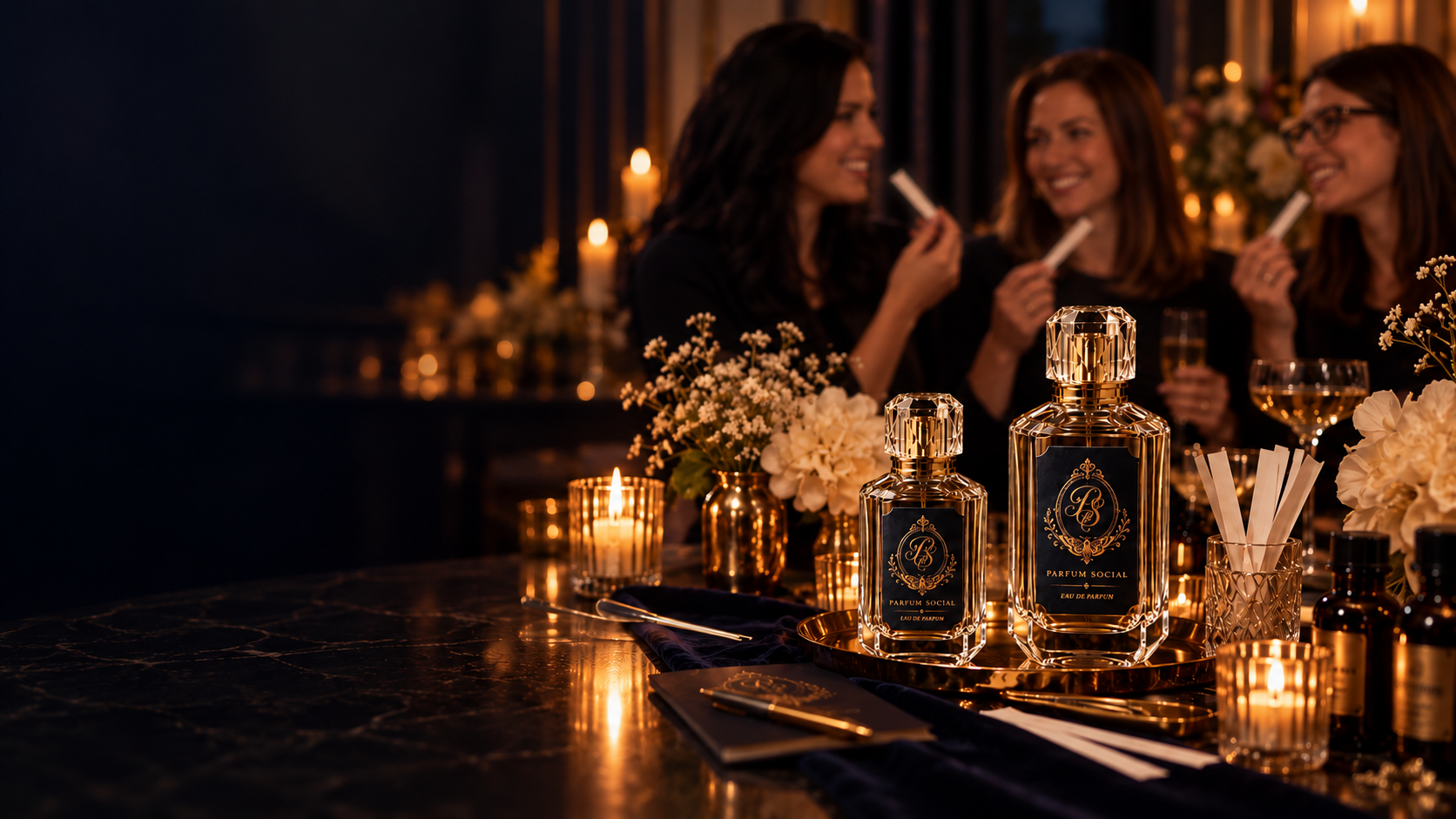 Elegant dinner party with women smiling and holding appetizers, decorated with flowers, candles, and perfume bottles on the table.