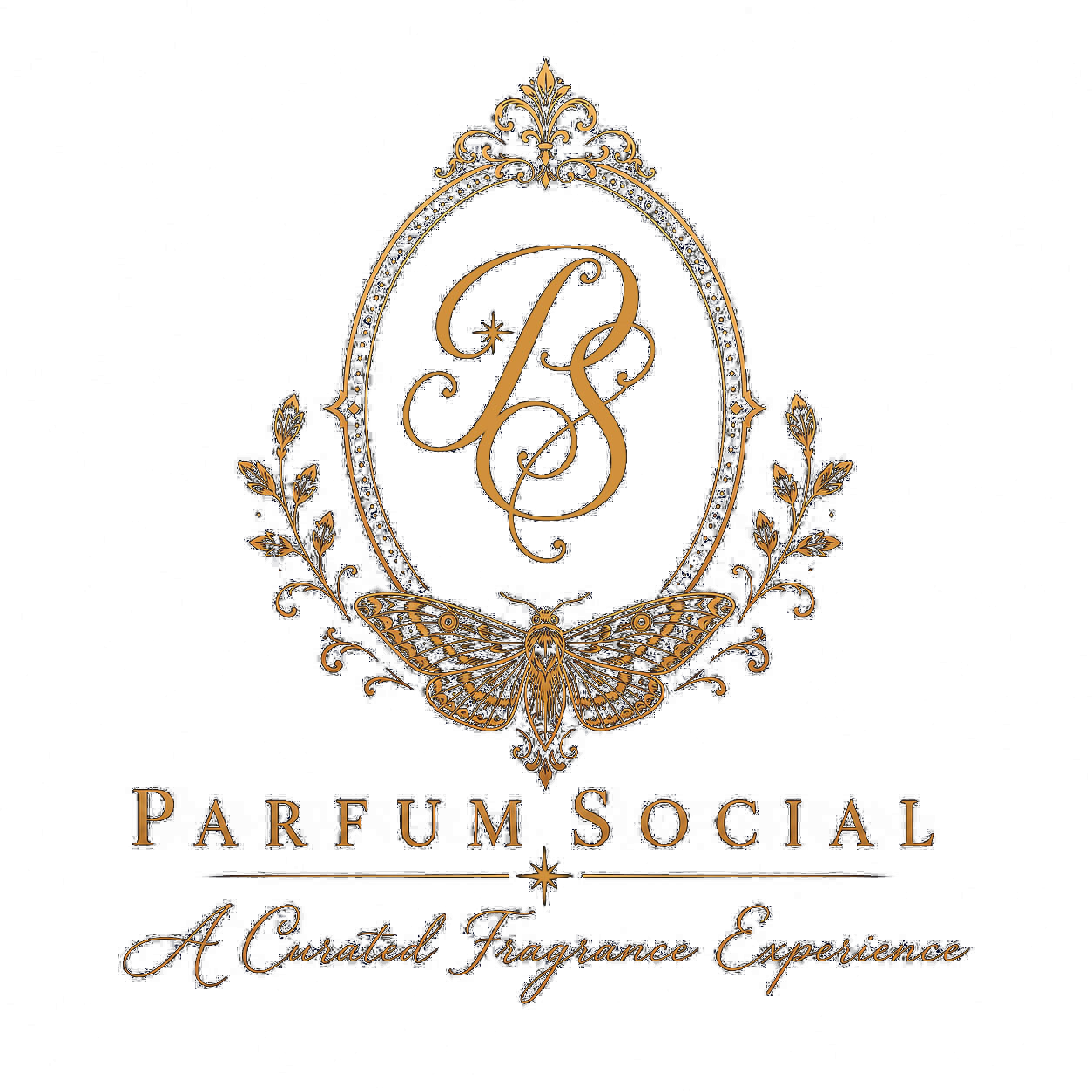 Gold logo with a butterfly, floral elements, and the letters 'P' and 'S' inside an ornate oval frame. Below, the text reads 'Parfum Social' and 'A Curated Fragrance Experience' on a black background.