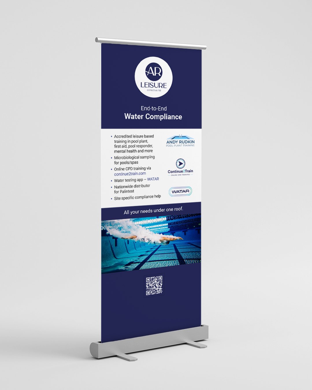 Standee promoting water safety and compliance training, featuring the AR Leisure logo, water pool image, and QR code.