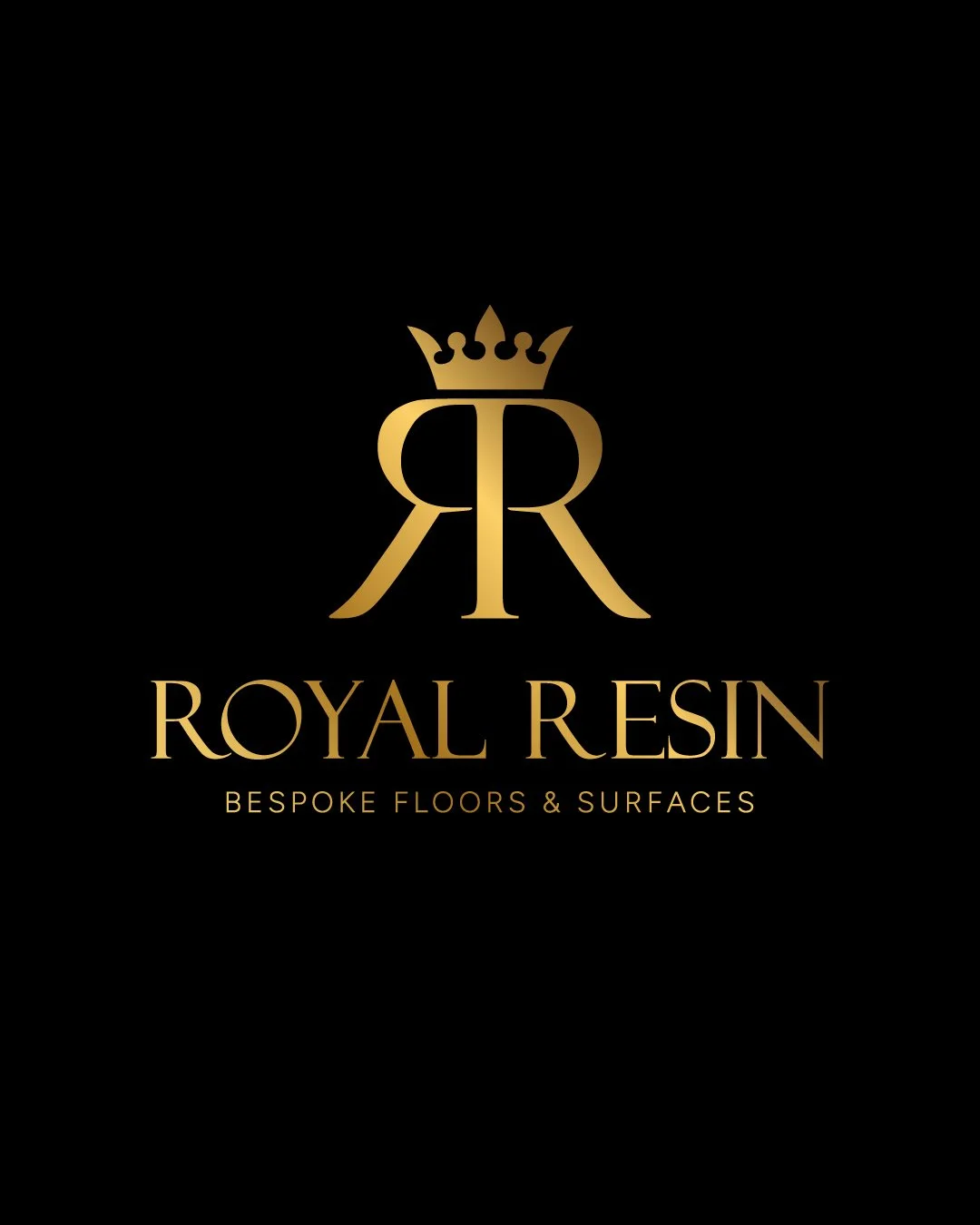 Logo for Royal Resin featuring a gold crown above a stylized letter R, with the text 'Royal Resin' and the tagline 'Bespoke Floors & Surfaces' in gold on a black background.