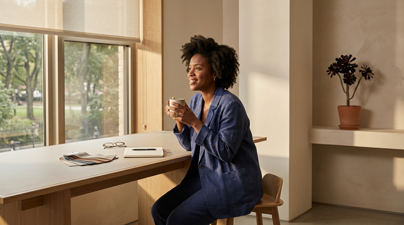 A woman with curly hair in a blue blazer sitting by a large window, holding a mug, smiling, with a notebook, glasses, and fabric swatches on the table.