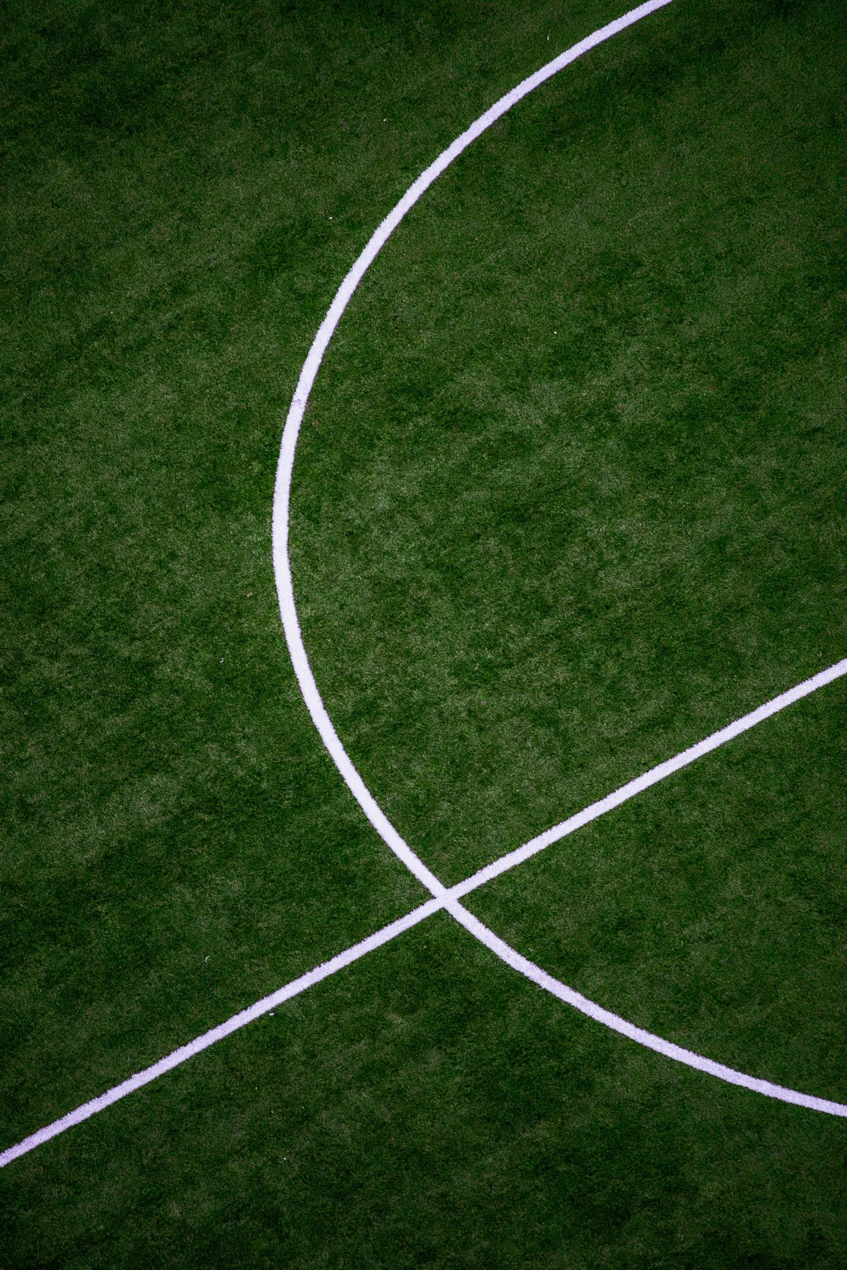 Close-up of a section of a green sports field, marked with white boundary lines and a curved white line, possibly part of a sports court or field.