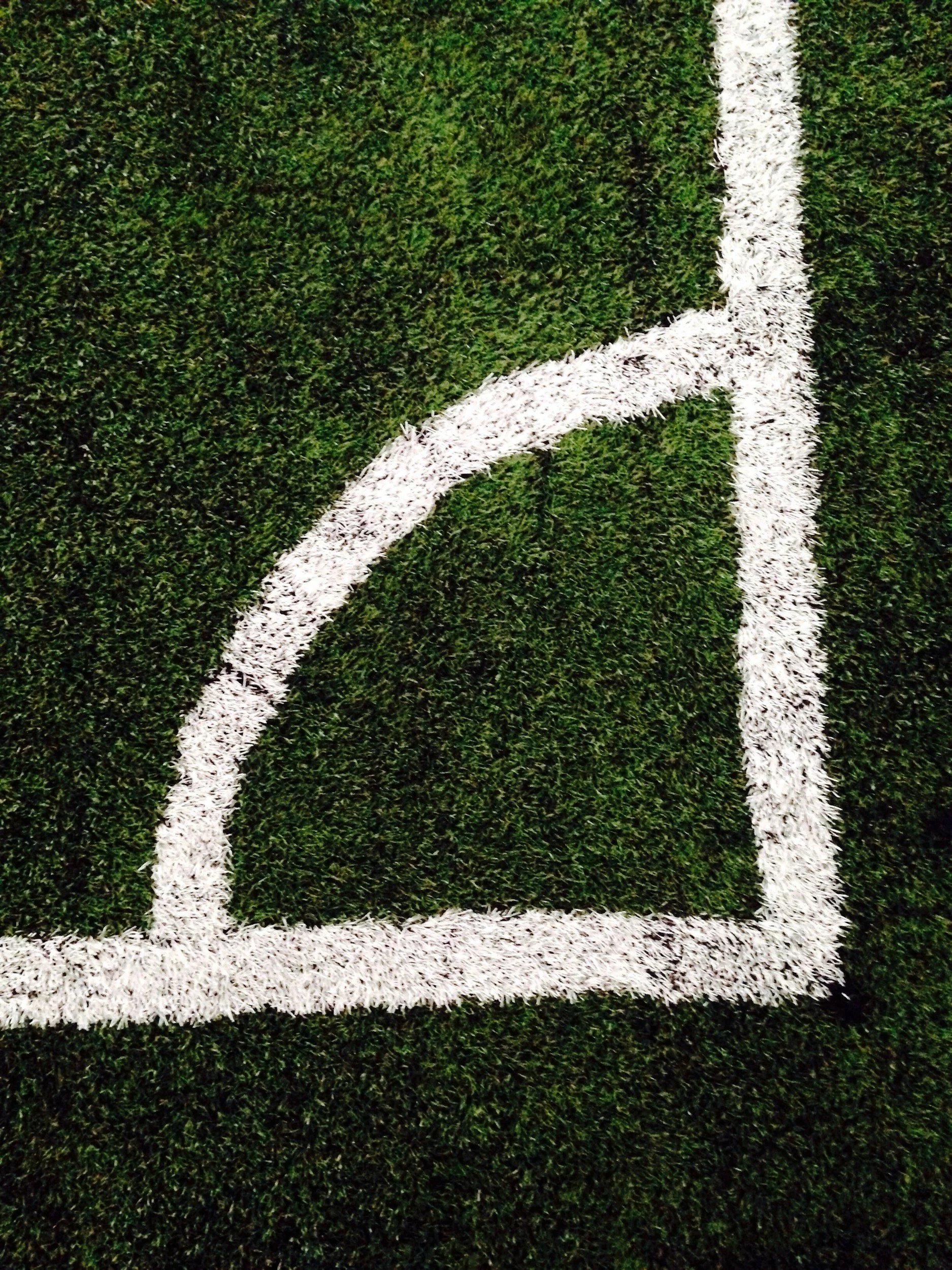 Close-up photograph of a white line on a green artificial turf field, likely part of a sports field marking.