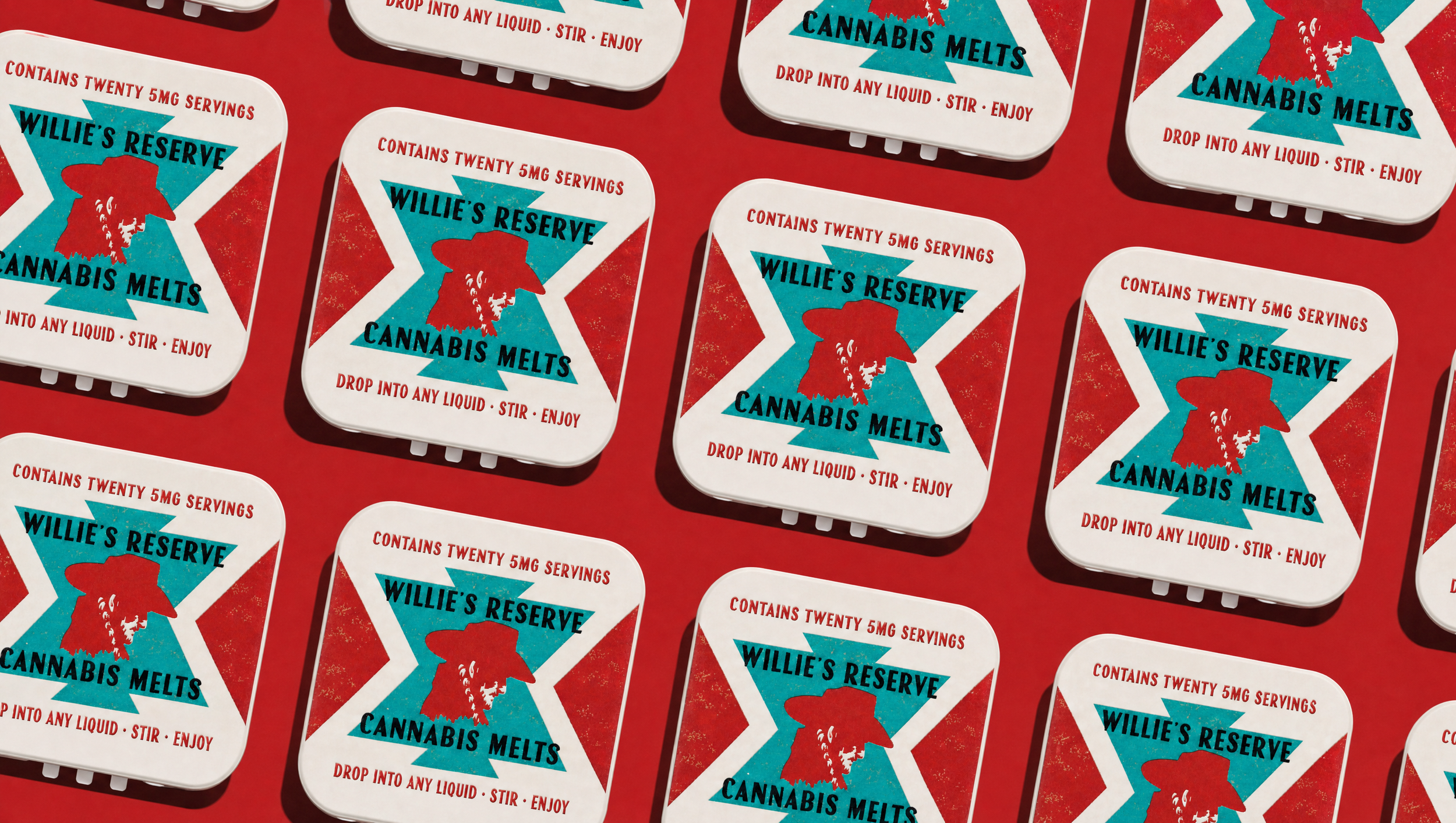 Collection of Willie's Melts metal tins with red, white, and blue designs, featuring a red cannabis leaf and a caricature of Willie Nelson, labeled 'Willie's Reserve' and 'Cannabis Melts,' on a red background.
