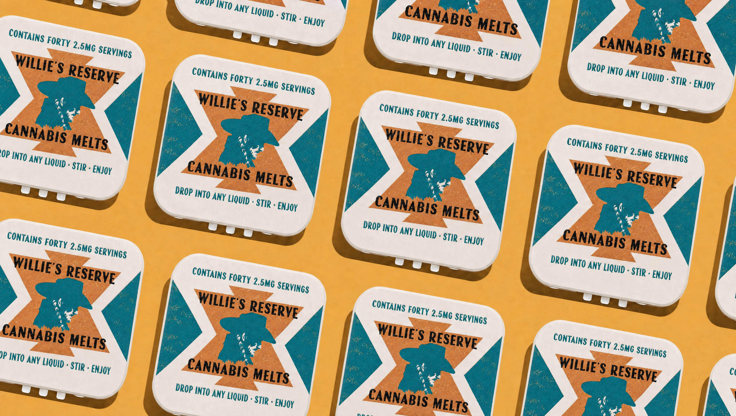 Multiple cannabis-melt tins labeled 'Willie's Reserve' with the text 'Contains forty 2.5mg servings' and 'Cannabis Melts' along with the instruction 'Drop into any liquid, stir, enjoy.'