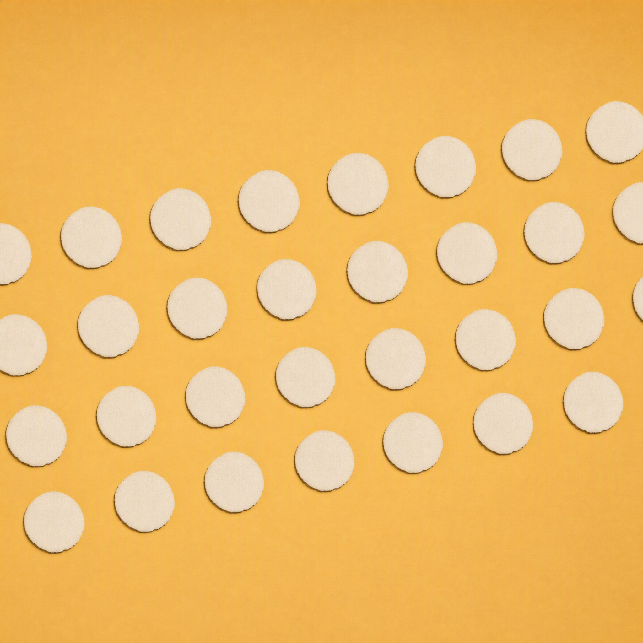 Close-up view of several white circular tablets arranged in a pattern on a yellow background.