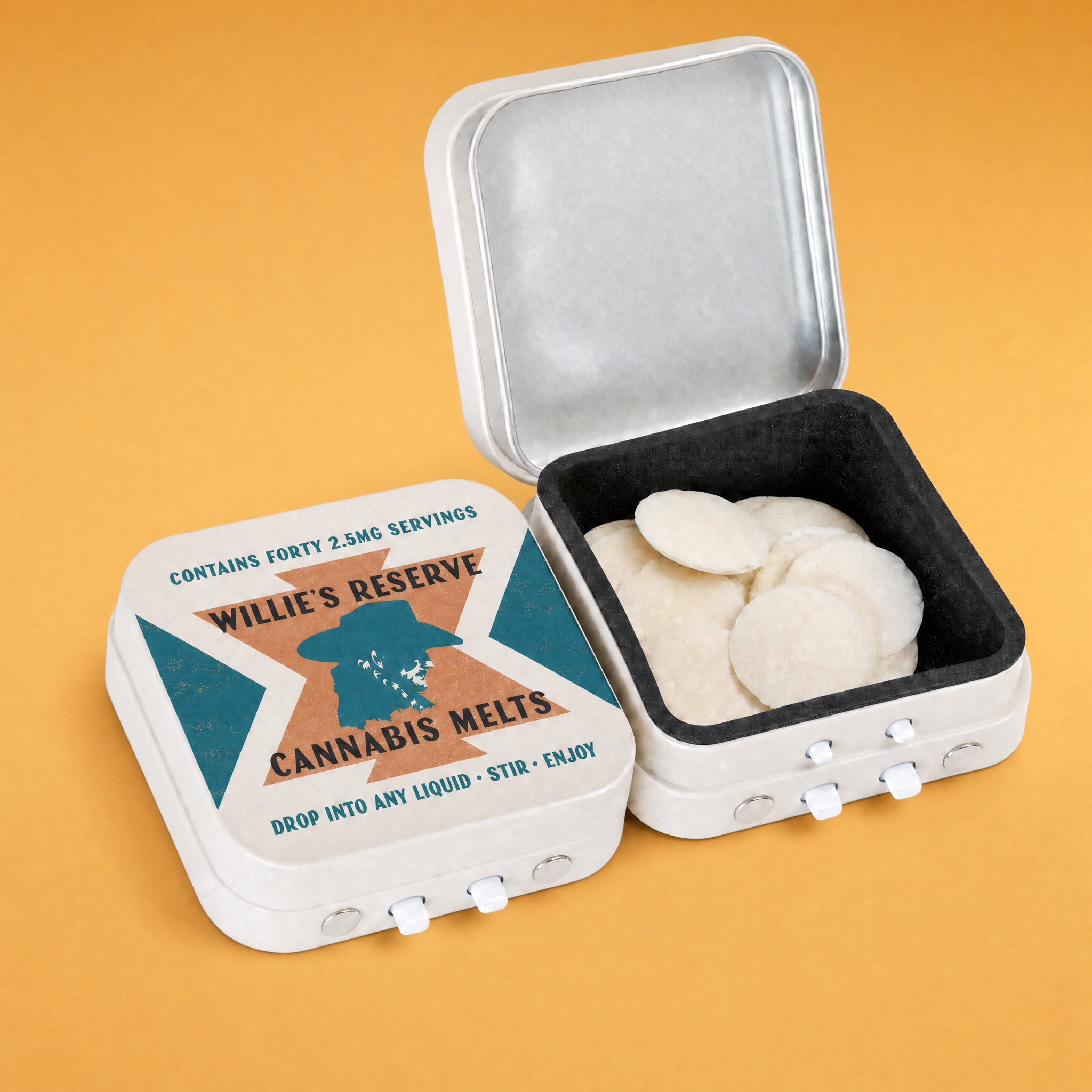 A metal tin with Willie's Melts labeled 'Willie's Reserve,' on a yellow solid surface