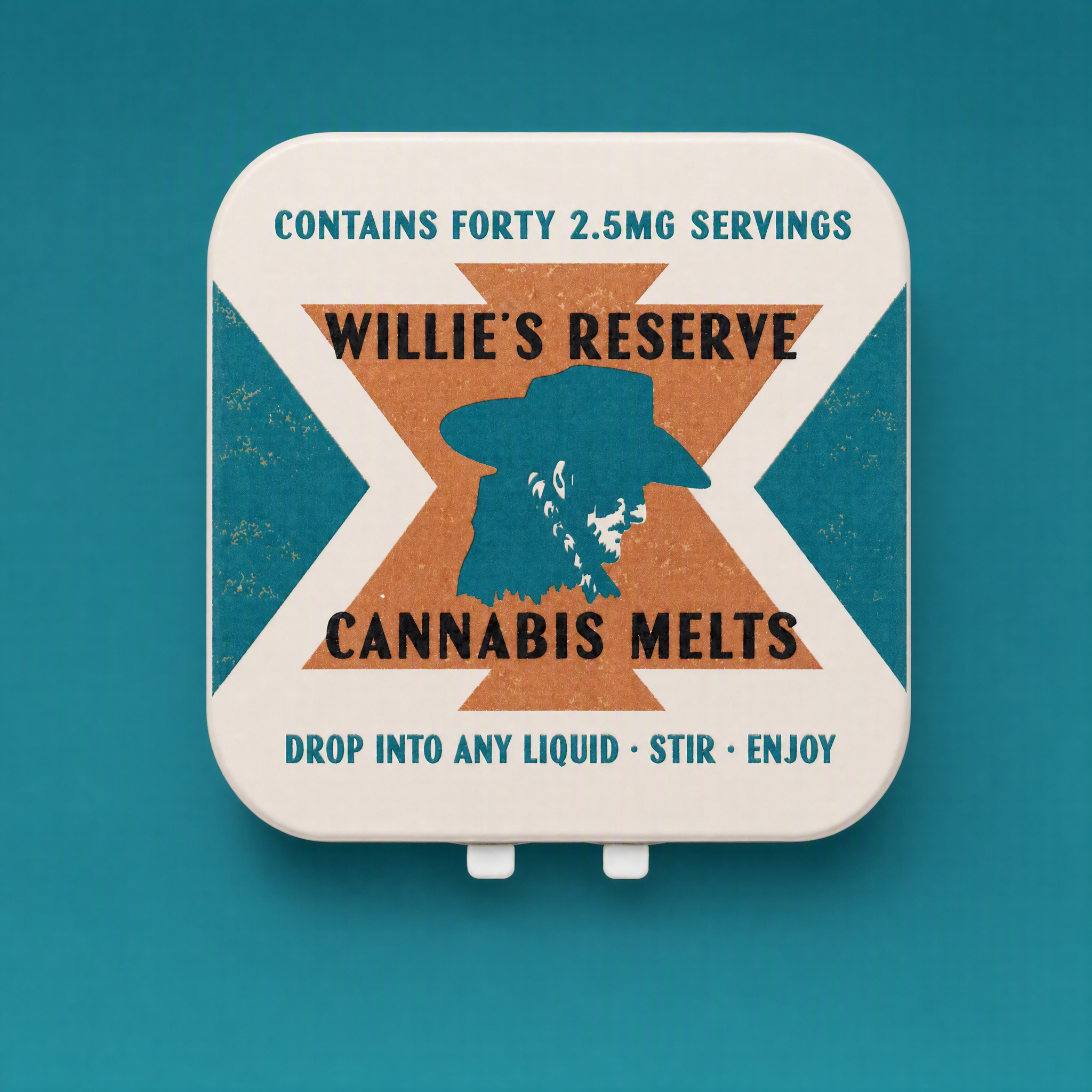 A container for cannabis melts with instructions to drop into any liquid, stir, and enjoy.