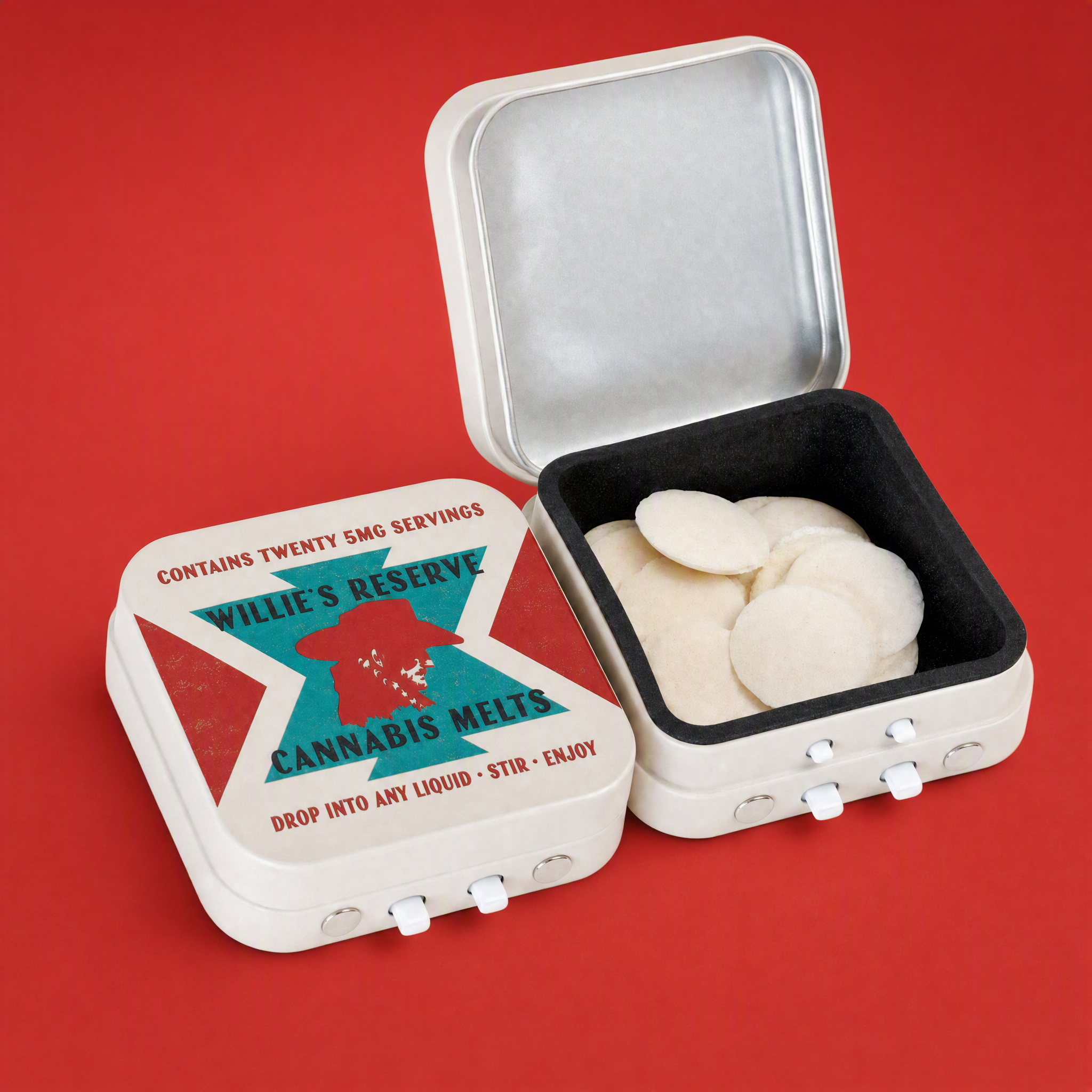 A white plastic container with a clear lid filled with white pills or tablets, placed on a red background. Part of a prescription label is visible, mentioning cannabis melts.